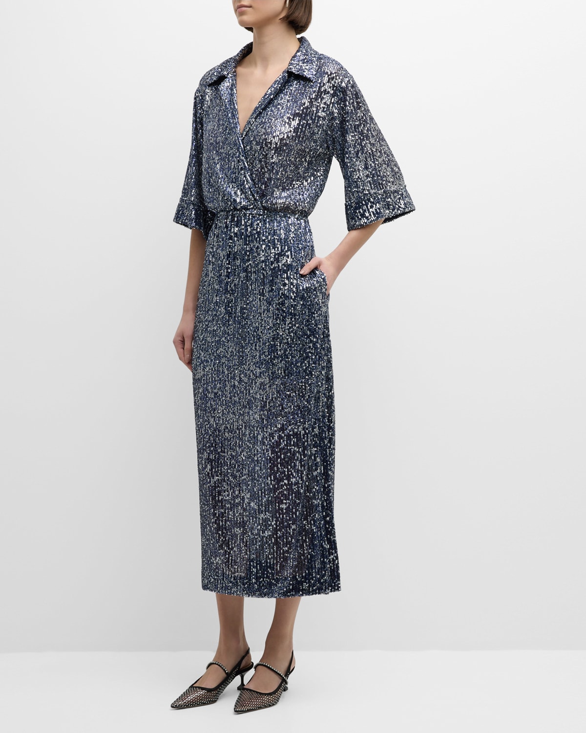 Sequin Embroidered Short-Sleeve Midi Shirtdress