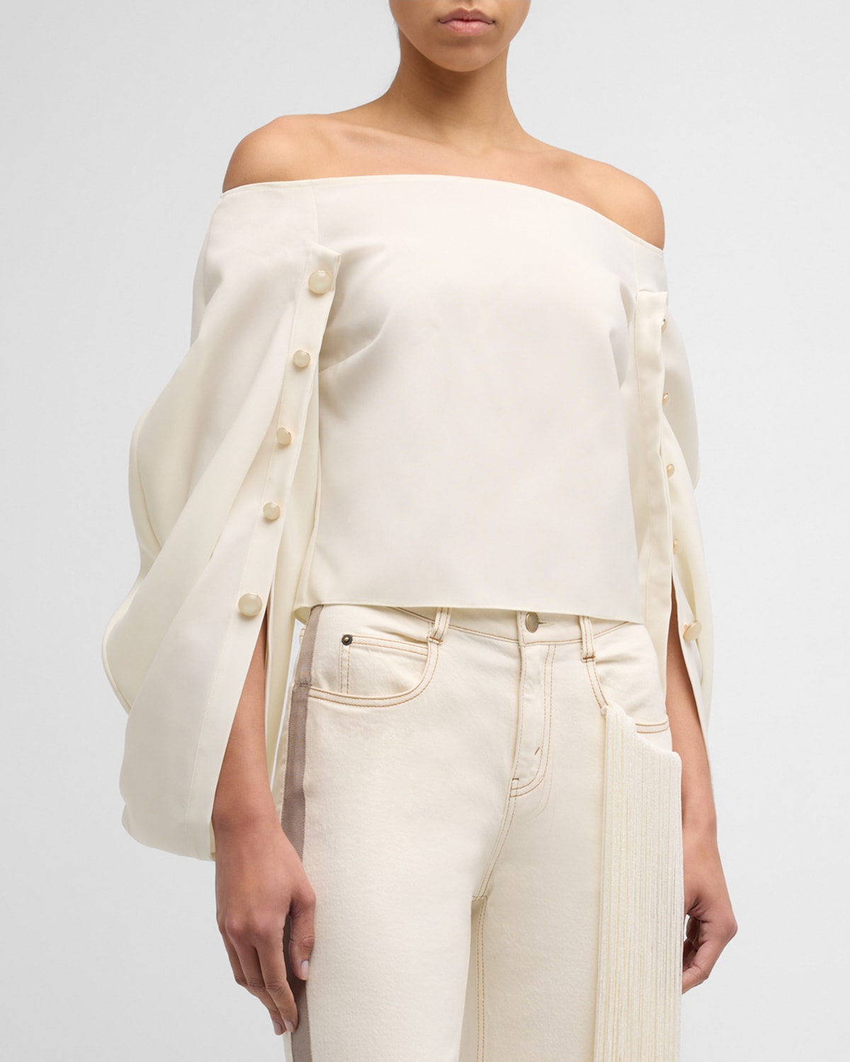 Shop Hellessy Orsay Off-shoulder Blouse With Button Details In Ivory