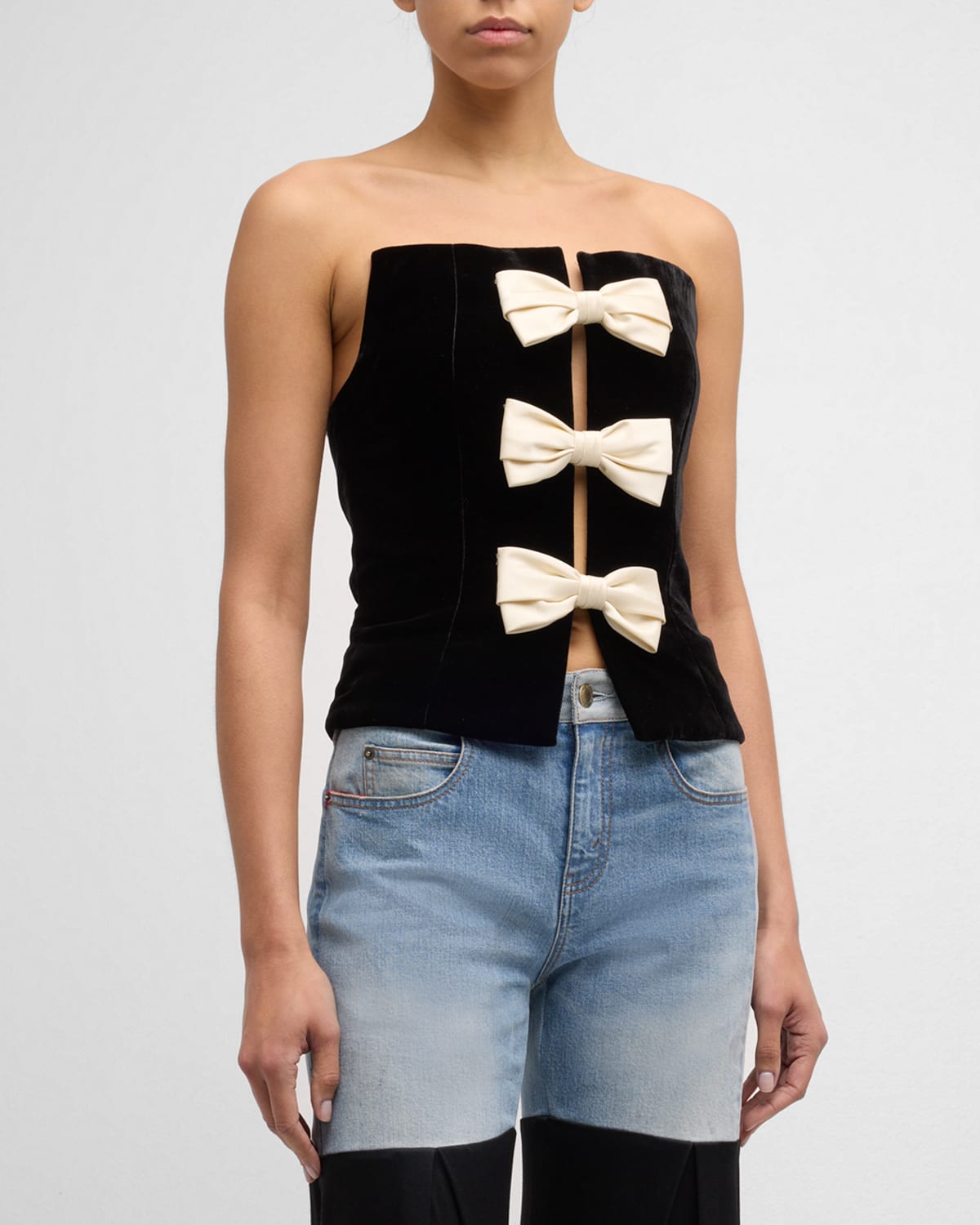 Shop Hellessy Marfa Bow Cutout Strapless Velvet Bustier Top In Black/ecru