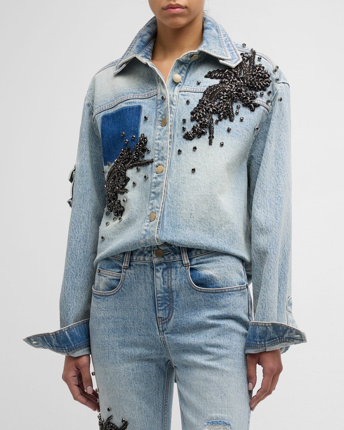 Shop Hellessy Otis Crystal Embellished High-low Denim Shirt In Medium Wash