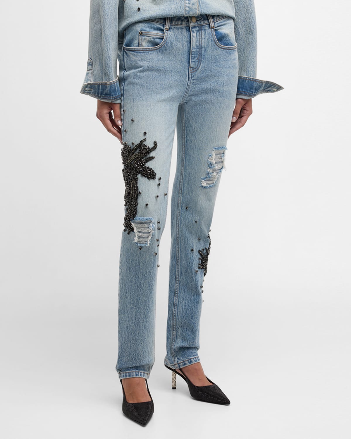 Clay Mid-Rise Crystal-Embellished Distressed Slim-Leg Jeans