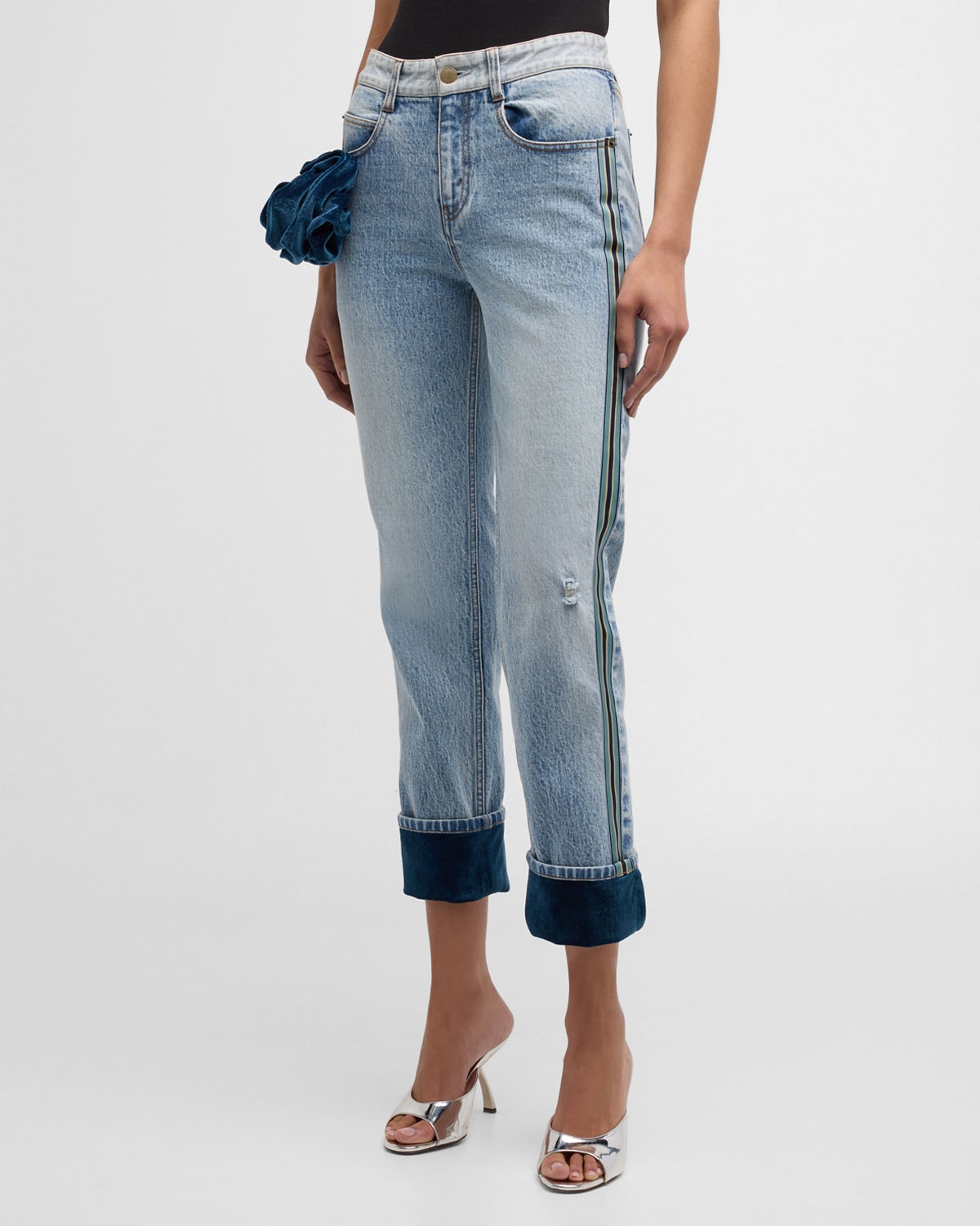 Shop Hellessy Carl Mid-rise Velvet Corsage And Cuff Slim-leg Crop Jeans In Lili Wash/blue