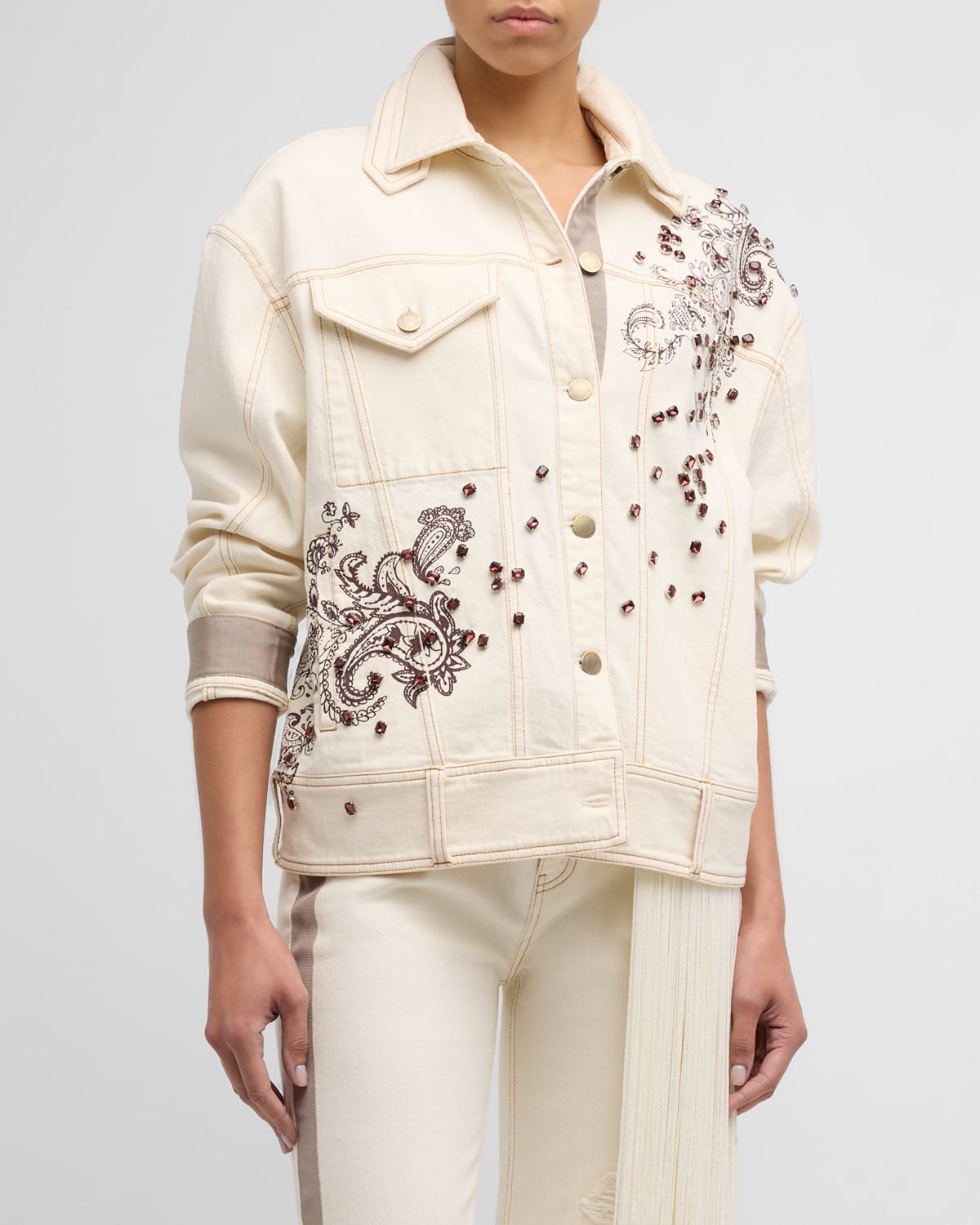 Cosmo Crystal Paisley-Print Oversized Denim Jacket