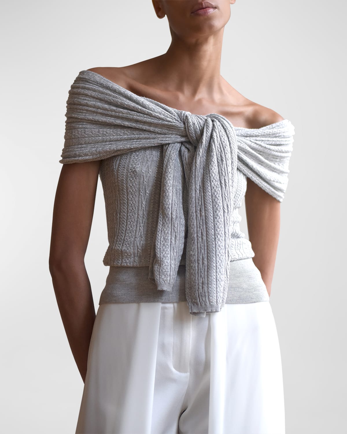 Shop Hellessy Clara Off-the-shoulder Silk-cashmere Cable Knit Top In Heather Gray