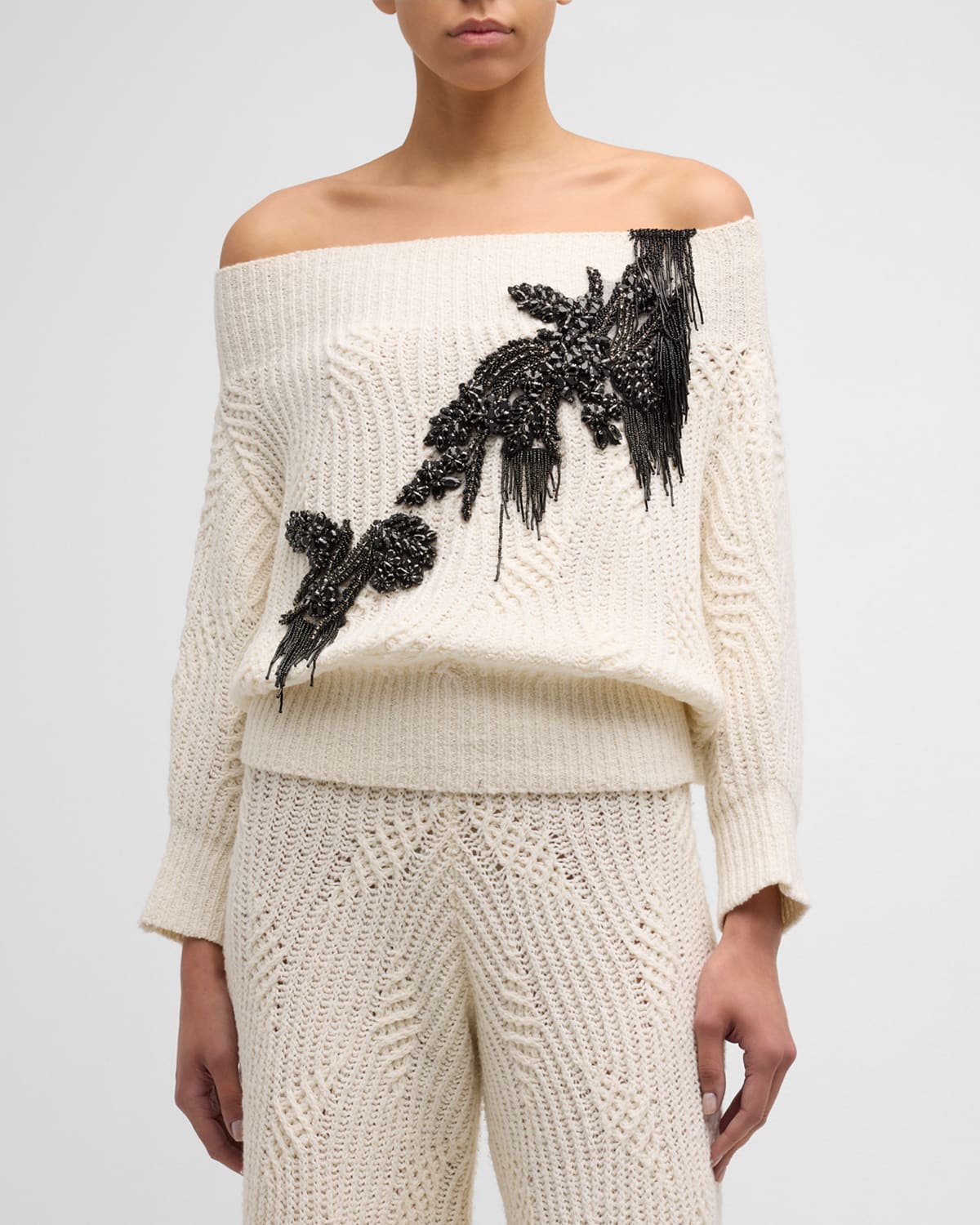 Shop Hellessy Nolan Crystal Beaded Off-the-shoulder Sweater In Snow White