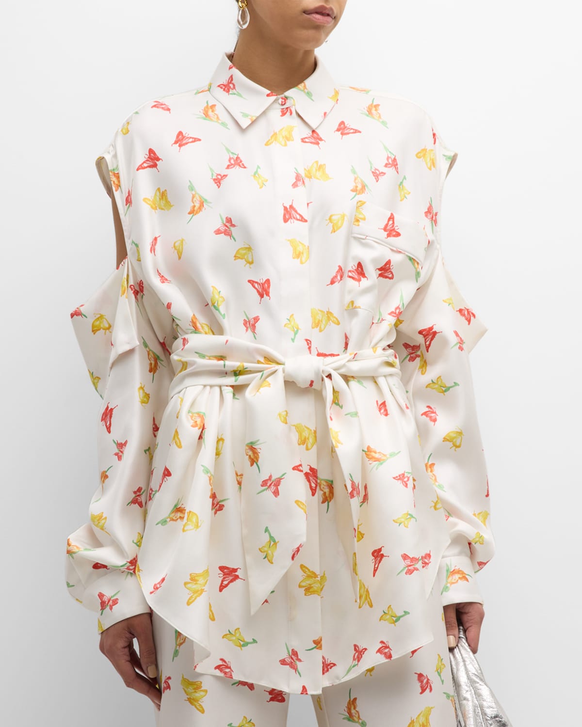 Ridge Butterfly-Print Long-Sleeve Cold-Shoulder Belted Poplin Shirt