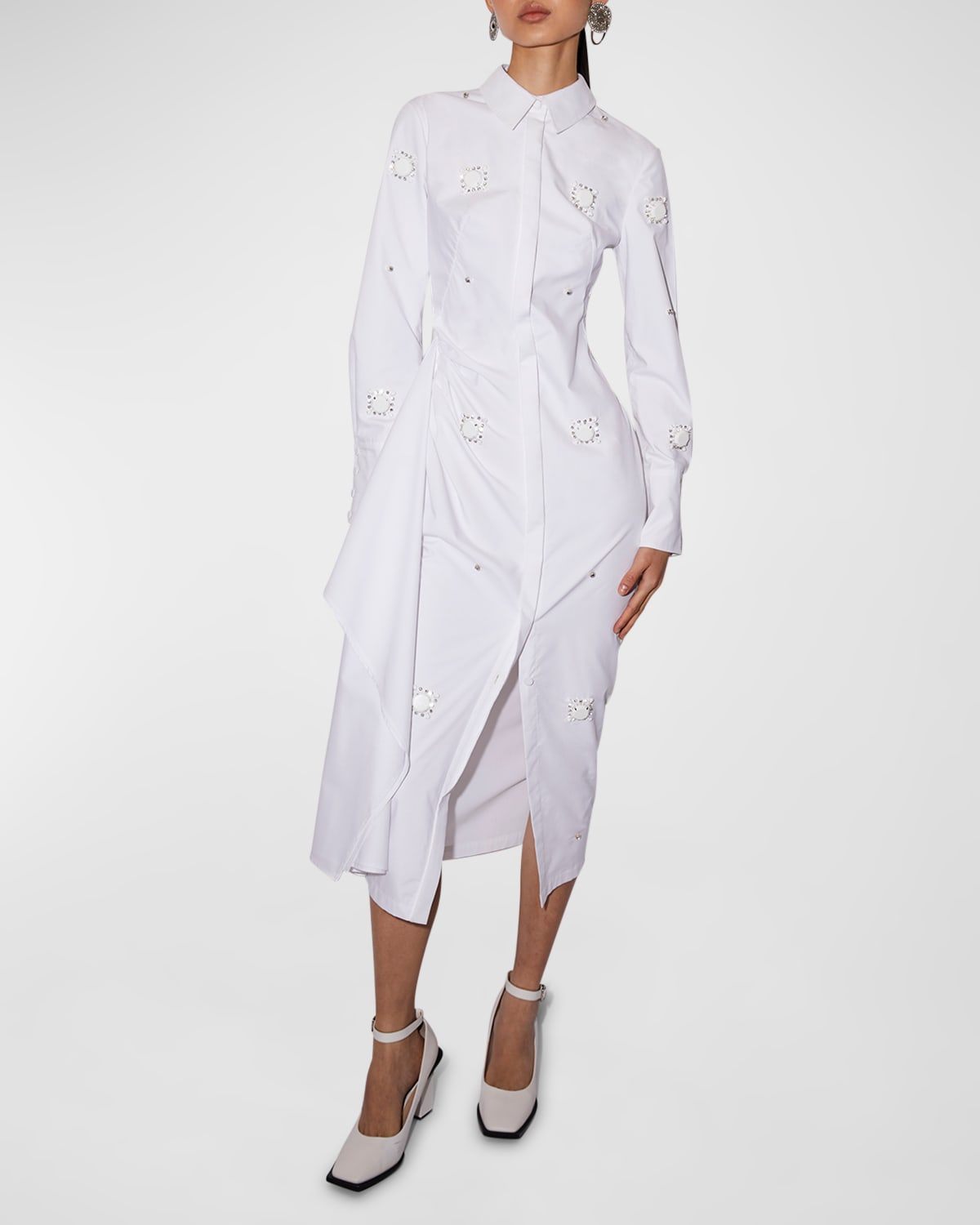 Shop Huishan Zhang Tatiana Crystal Embellished Long-sleeve Drape Midi Shirtdress In White