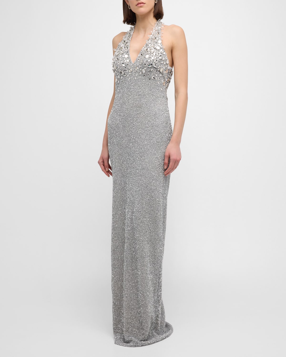 Pamella Roland Beaded Halter Gown With Crystal Embellishment In Silver