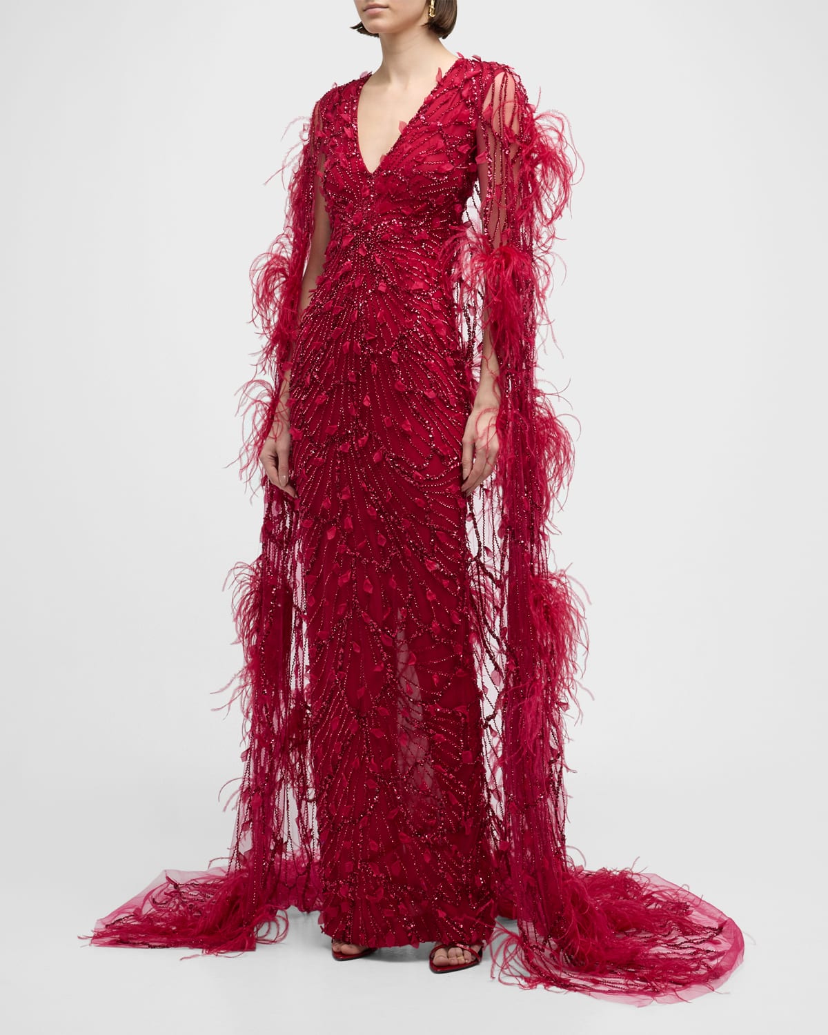 Raspberry Sequined Feather-Trim Cape Column Gown