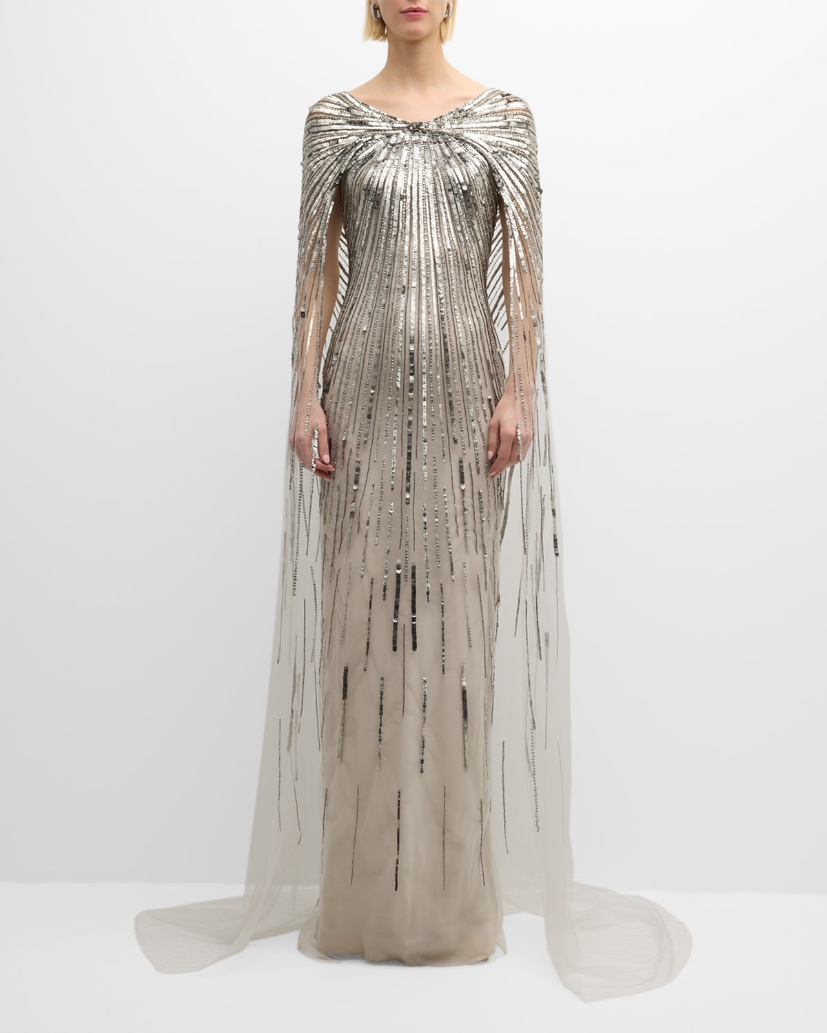 Shop Pamella Roland Silver Sequined Gown With Sheer Cape