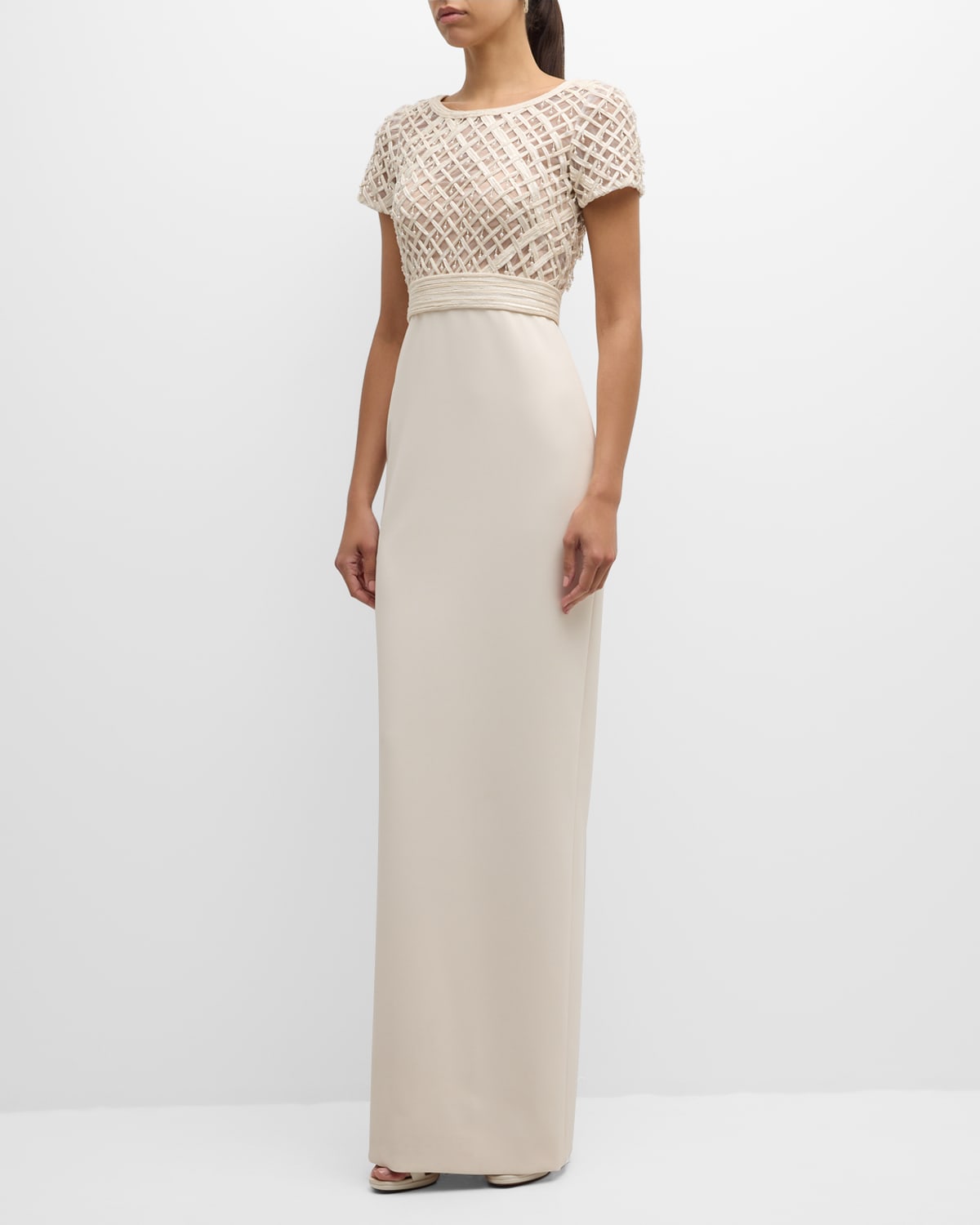 Shop Pamella Roland Crepe Column Gown With Embroidered Satin Ribbon Bodice In White White