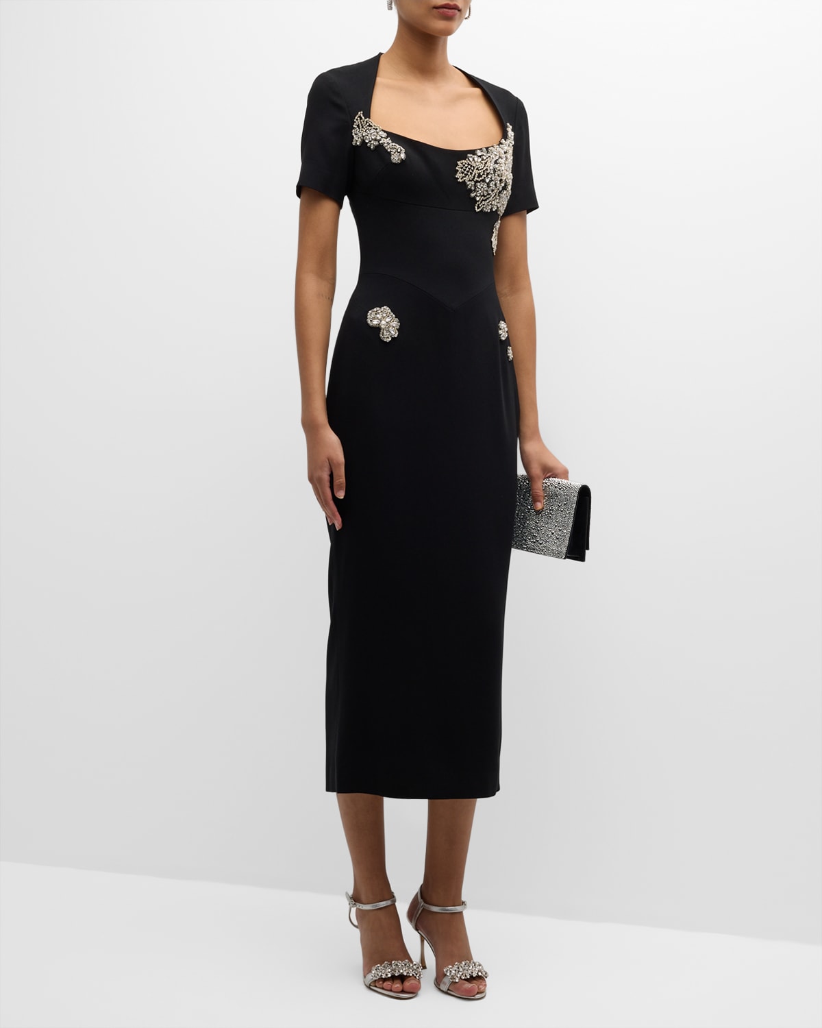 Shop Zuhair Murad Crystal-embroidered Short-sleeve Soft Cady Midi Dress In Black Silver