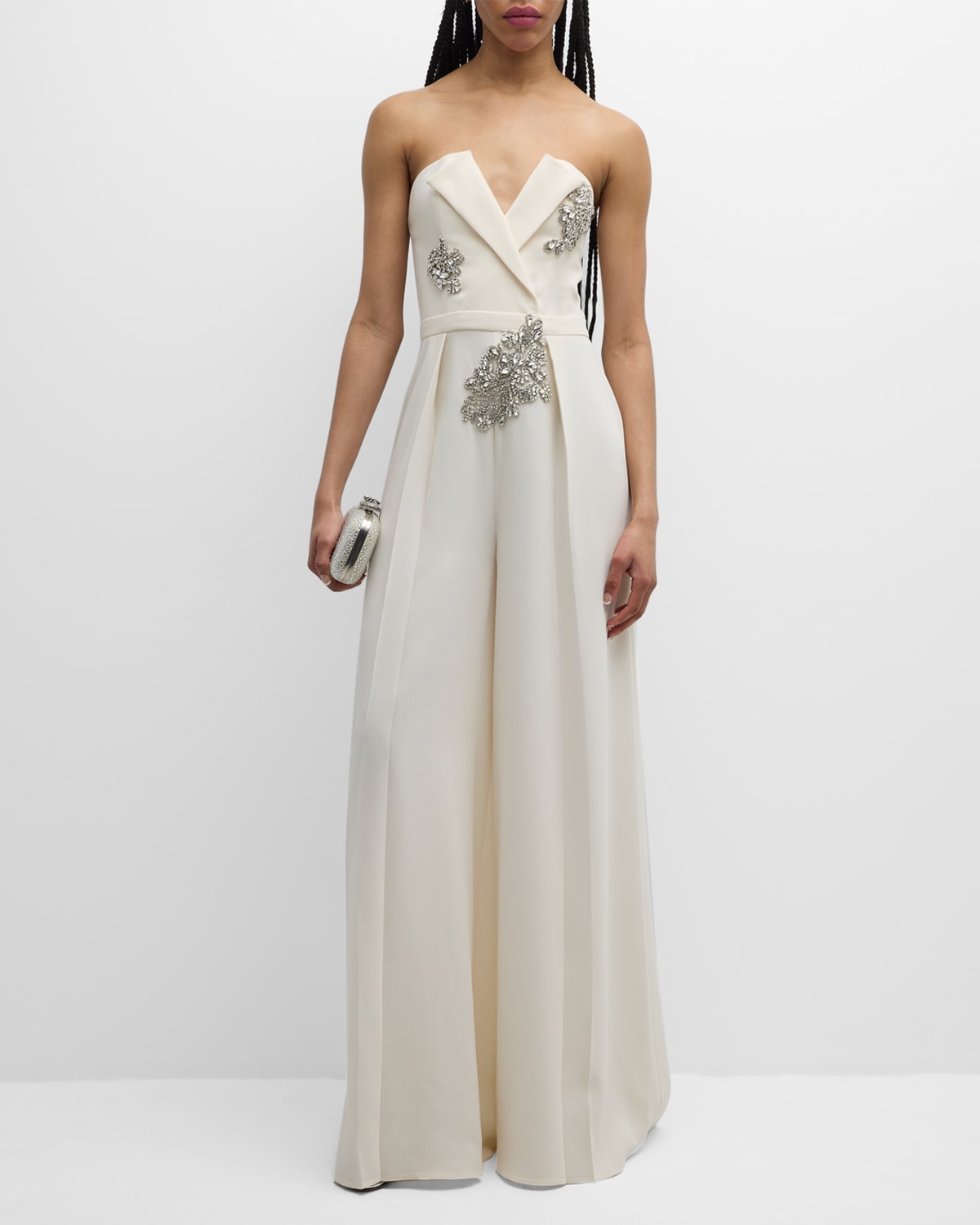 Shop Zuhair Murad Crystal Embroidered Crossed Strapless Wide-leg Cady Jumpsuit In Jet Stream