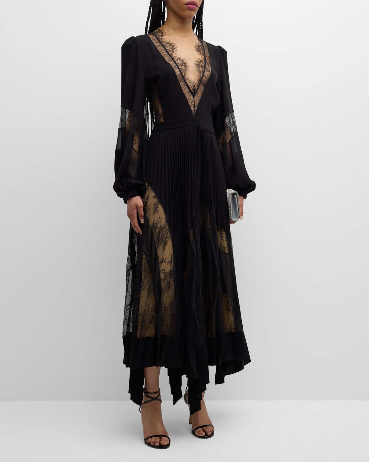 Shop Zuhair Murad Plunging Long-sleeve Plisse Crepe Chiffon Lace Asymmetrical Midi Dress In Black