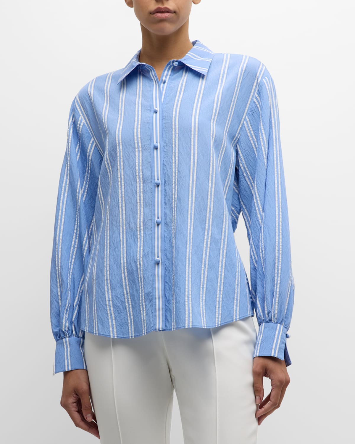 Shop Cinq À Sept Ruby Ruffled Crop Back Long-sleeve Stripe Shirt In Oxford Blue