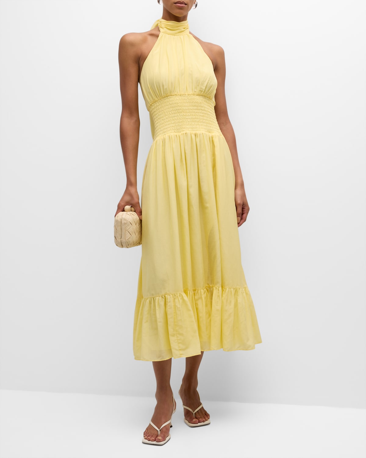 Cinq À Sept Dover Cotton Silk Sleeveless Midi Halter Dress In Yellow
