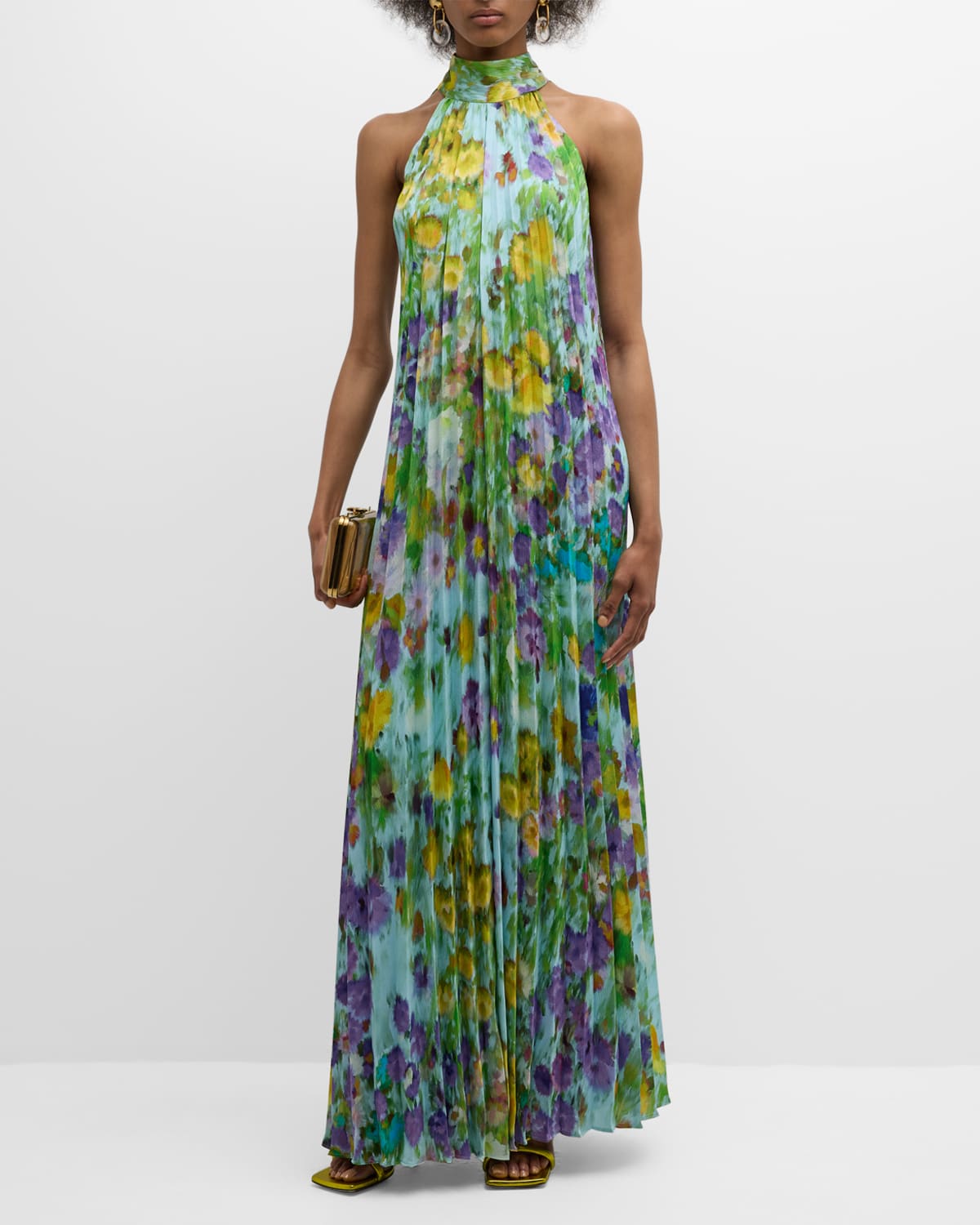 Pleated Floral-Print Satin Halter Gown