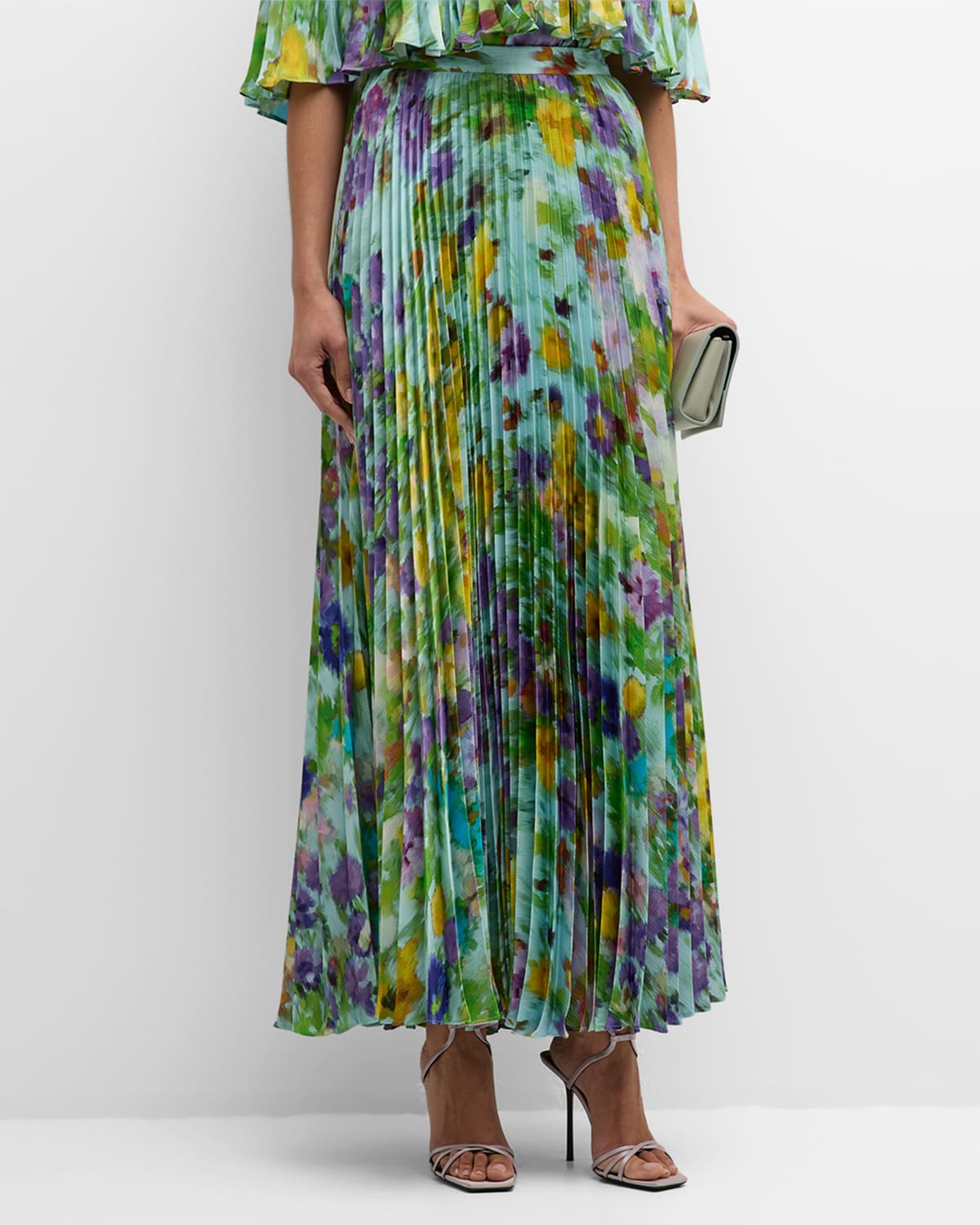 Ungaro Pleated Floral-print Maxi Skirt In Dusty Blue