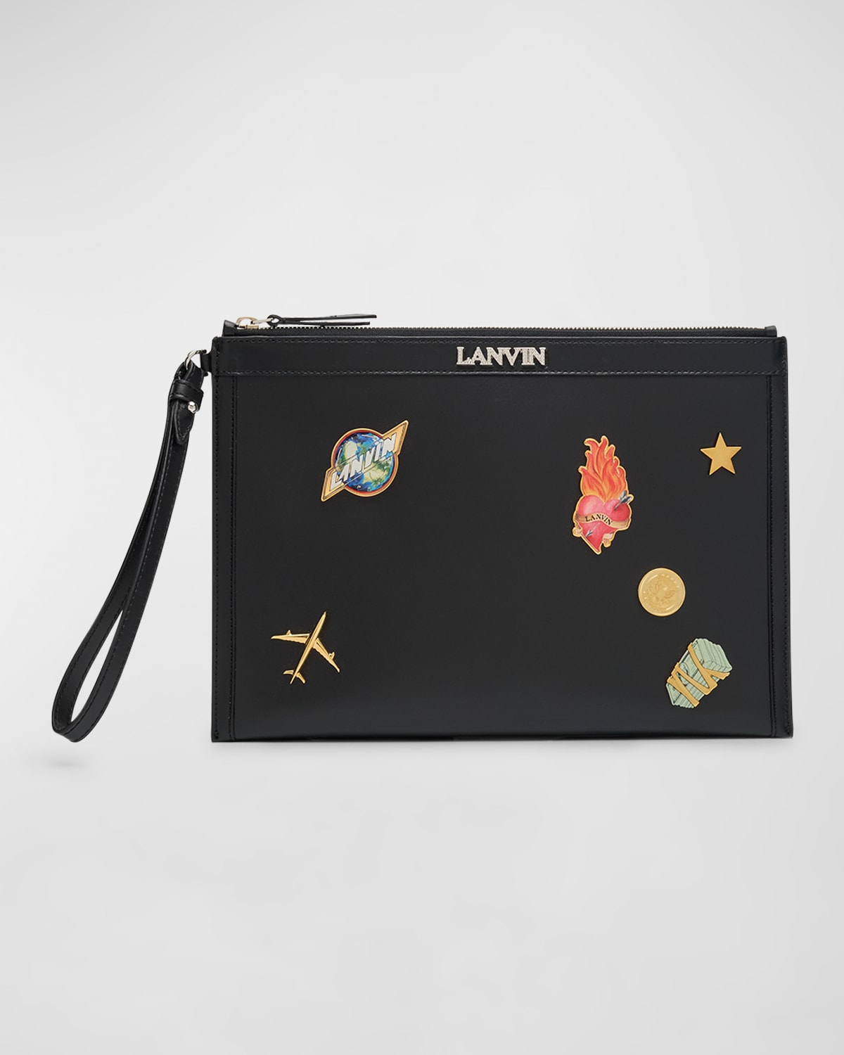 Shop Lanvin Men's Leather Zip Pouch With Studs In 10s1 - Black/multico