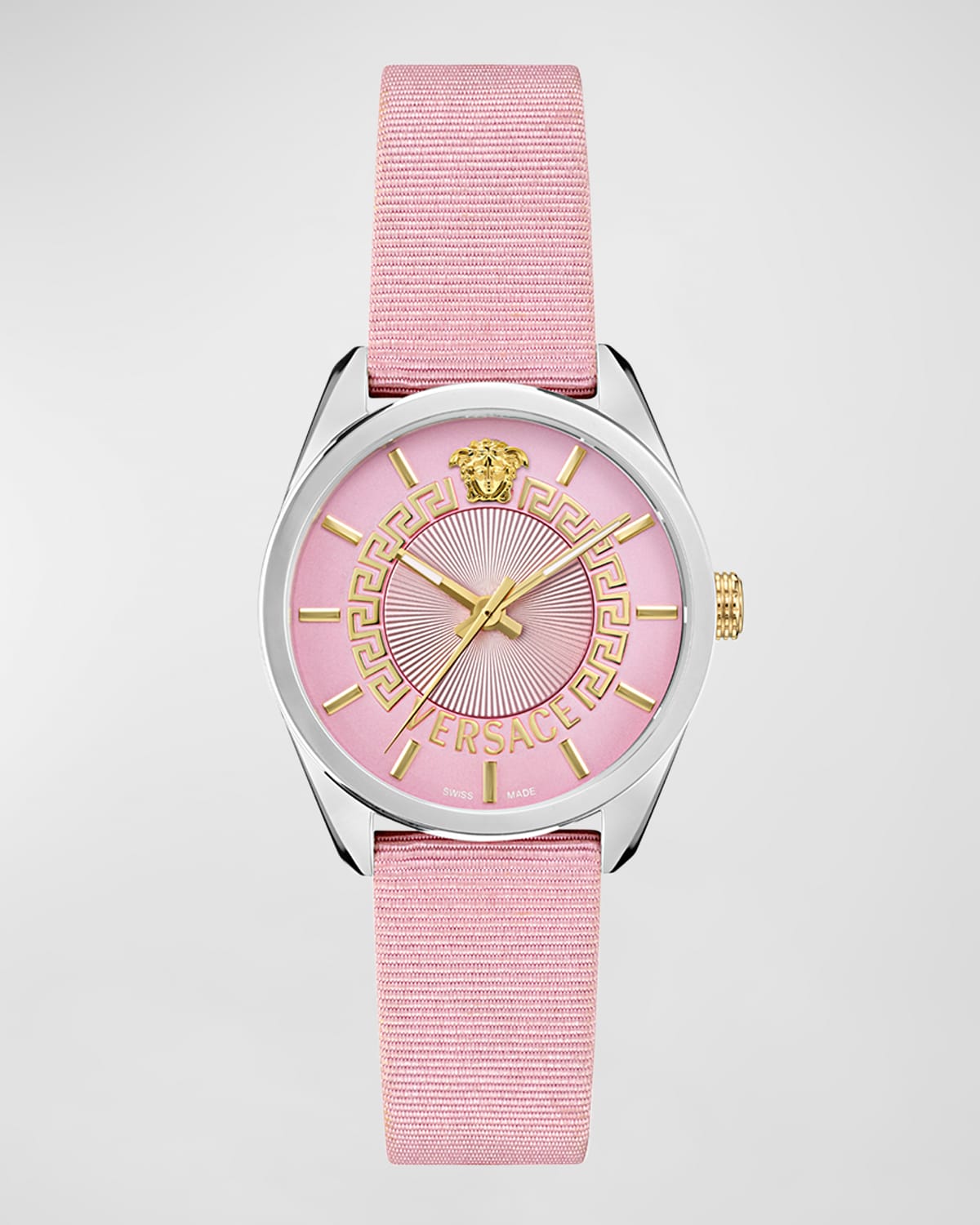 Shop Versace V-circle 36mm Stainless Steel Watch With Grosgrain Strap, Pink In Silver