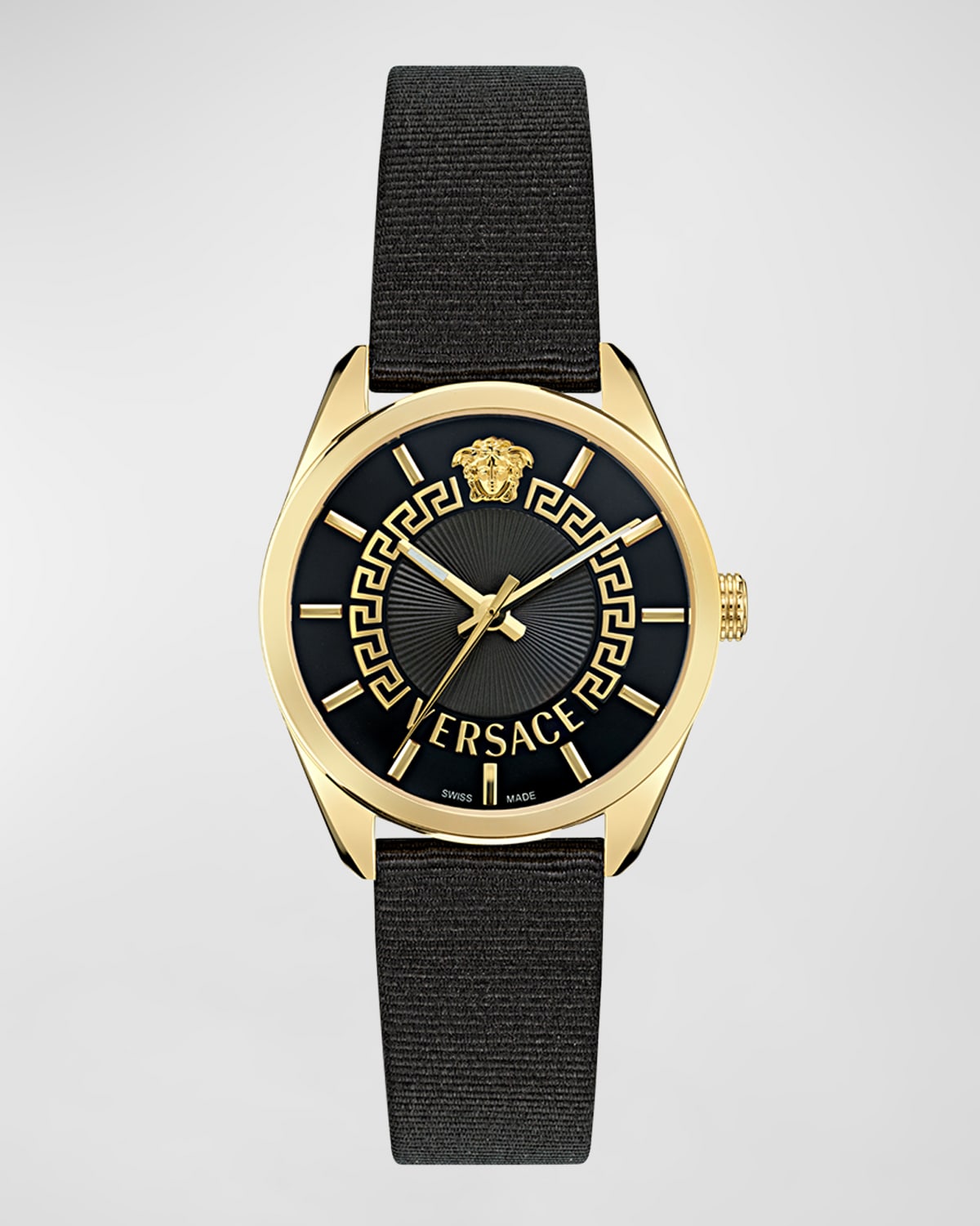 Shop Versace V-circle 36mm Ip Yellow Gold Watch With Grosgrain Strap, Black