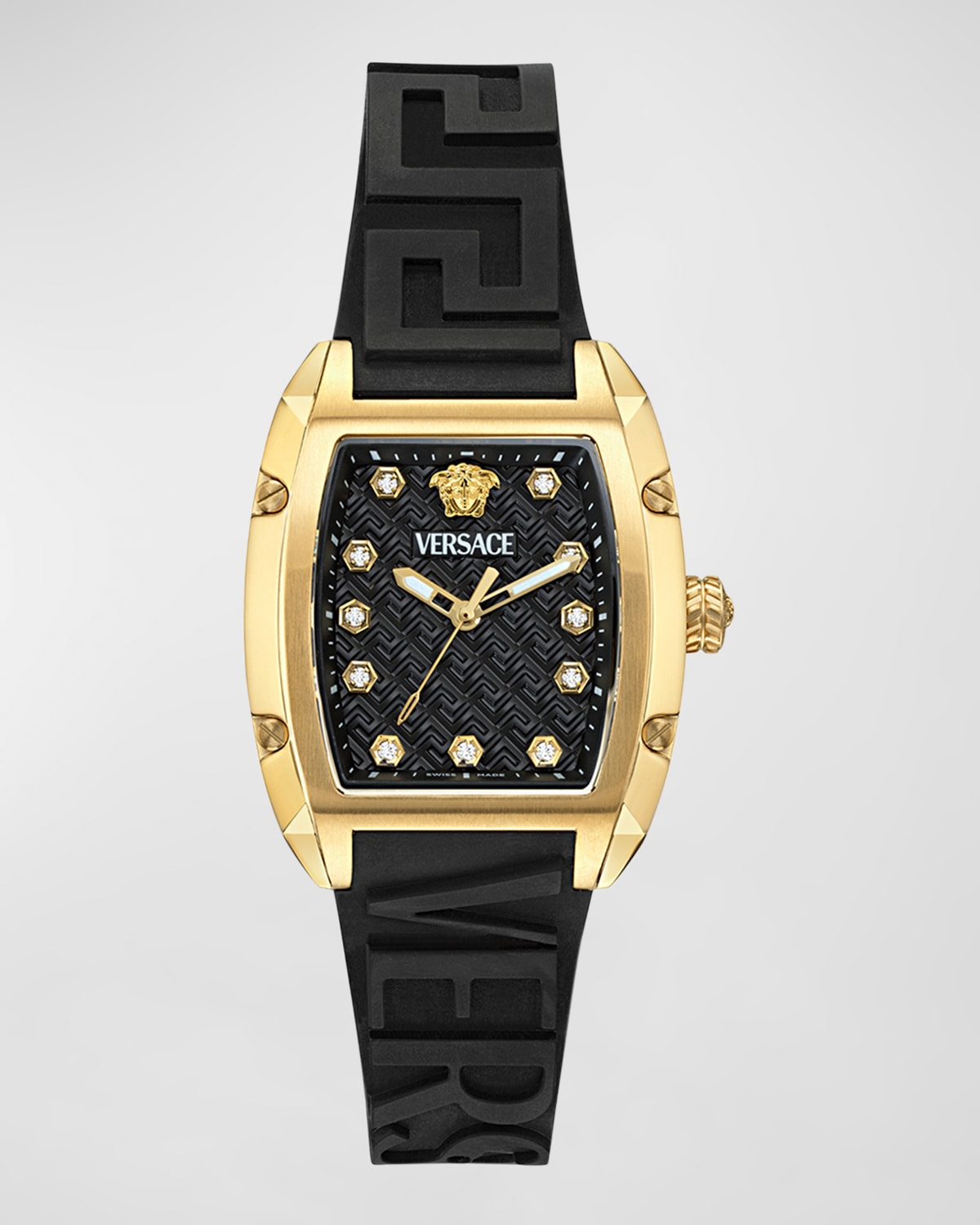 Shop Versace 36mm Dominus Watch With Silicone Strap, Black In Yellow Gold