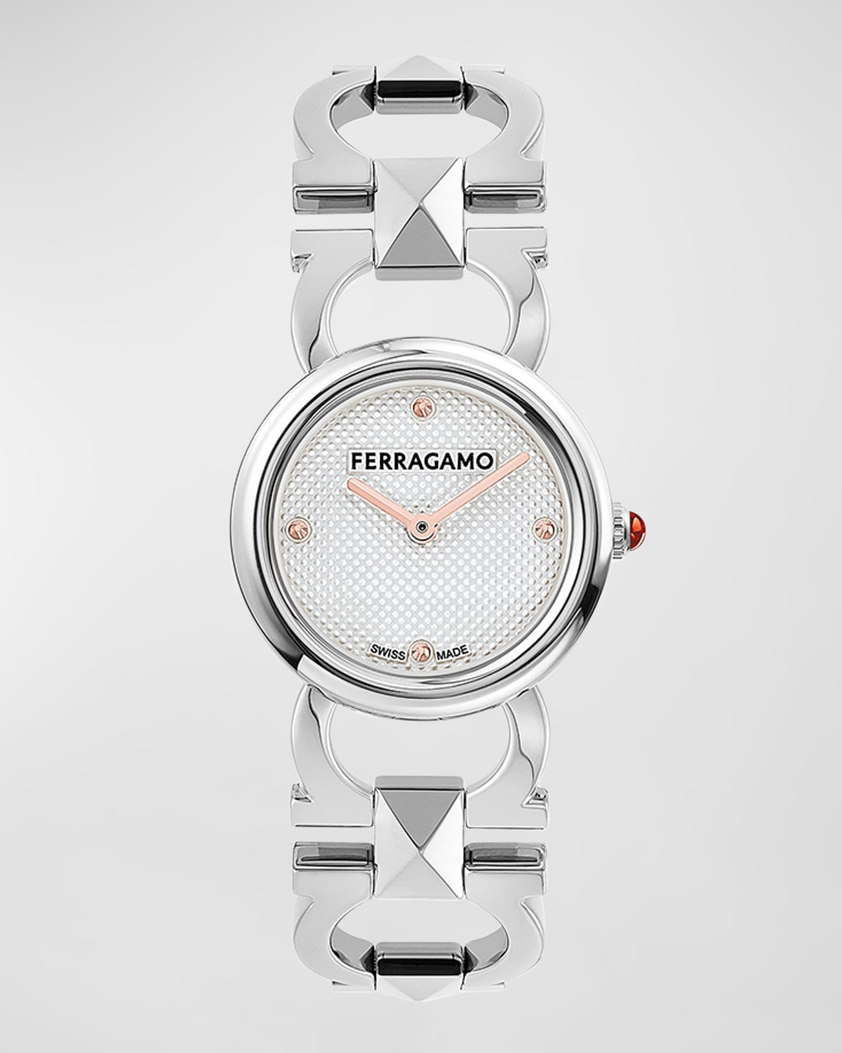 Shop Ferragamo 25mm Double Gancini Stud Watch With Silver Dial, Stainless Steel