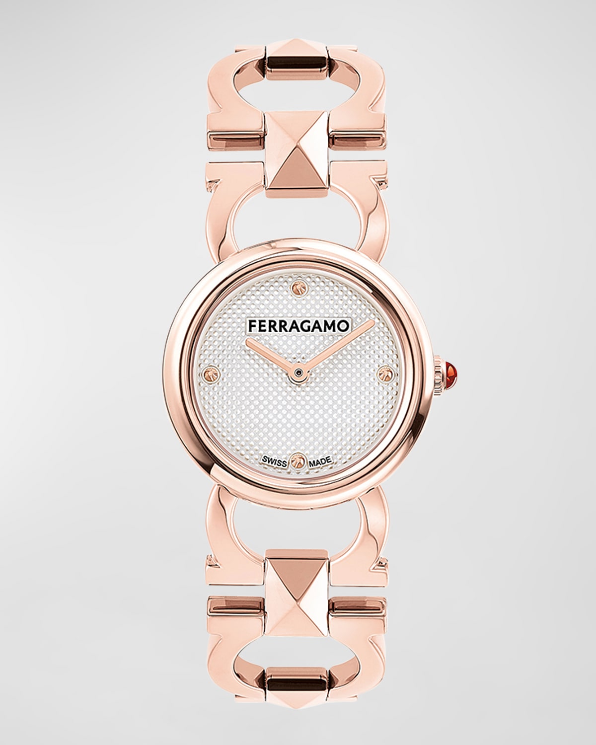 Shop Ferragamo 25mm Double Gancini Stud Watch With Silver Dial, Rose Gold