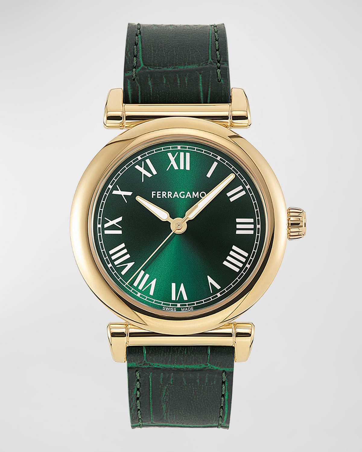 Shop Ferragamo 36mm  Allure Watch With Calf Leather Strap, Green In Yellow Gold