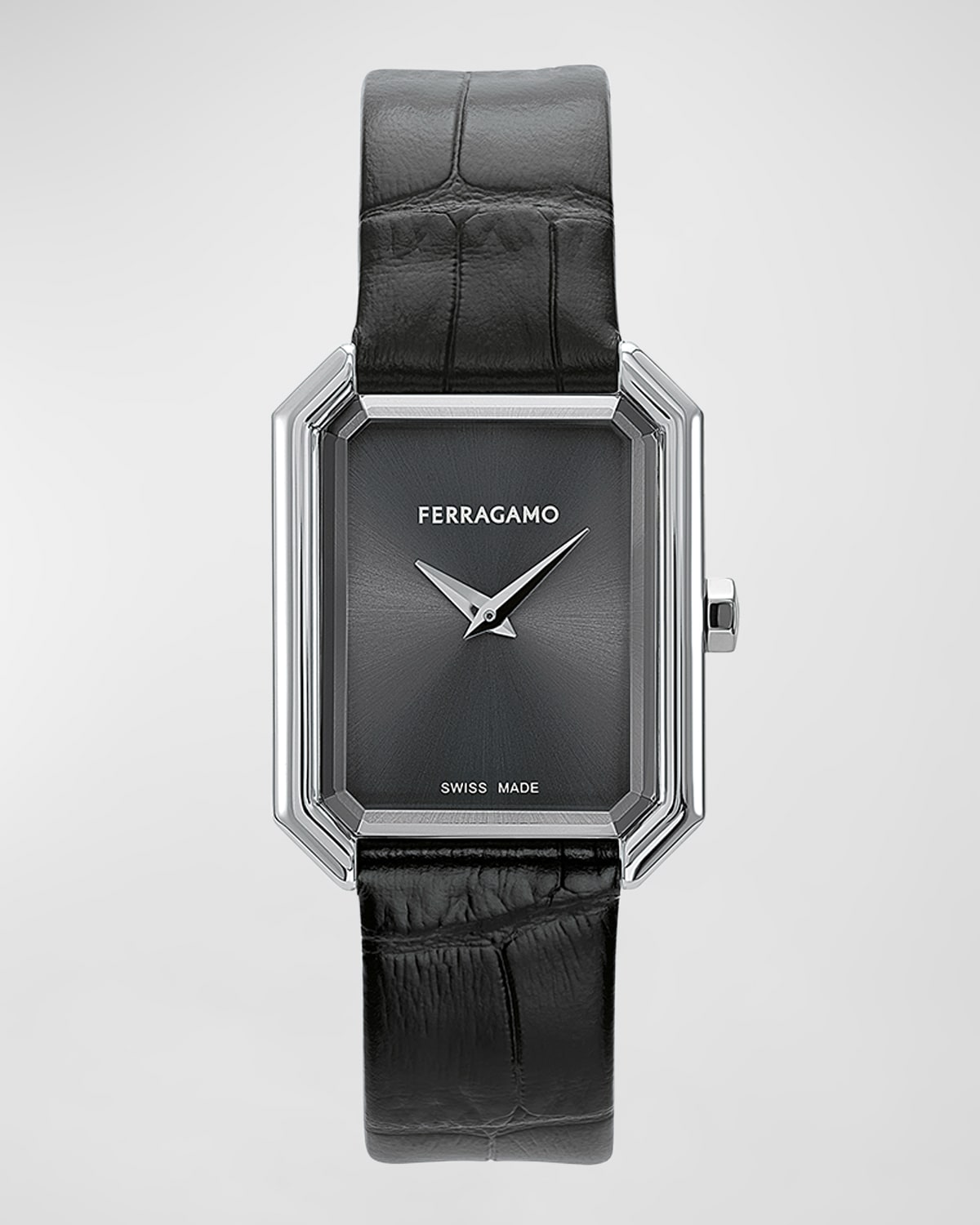 Shop Ferragamo 26.5x33.5mm  Crystal Watch With Calf Leather Strap, Black In Silver