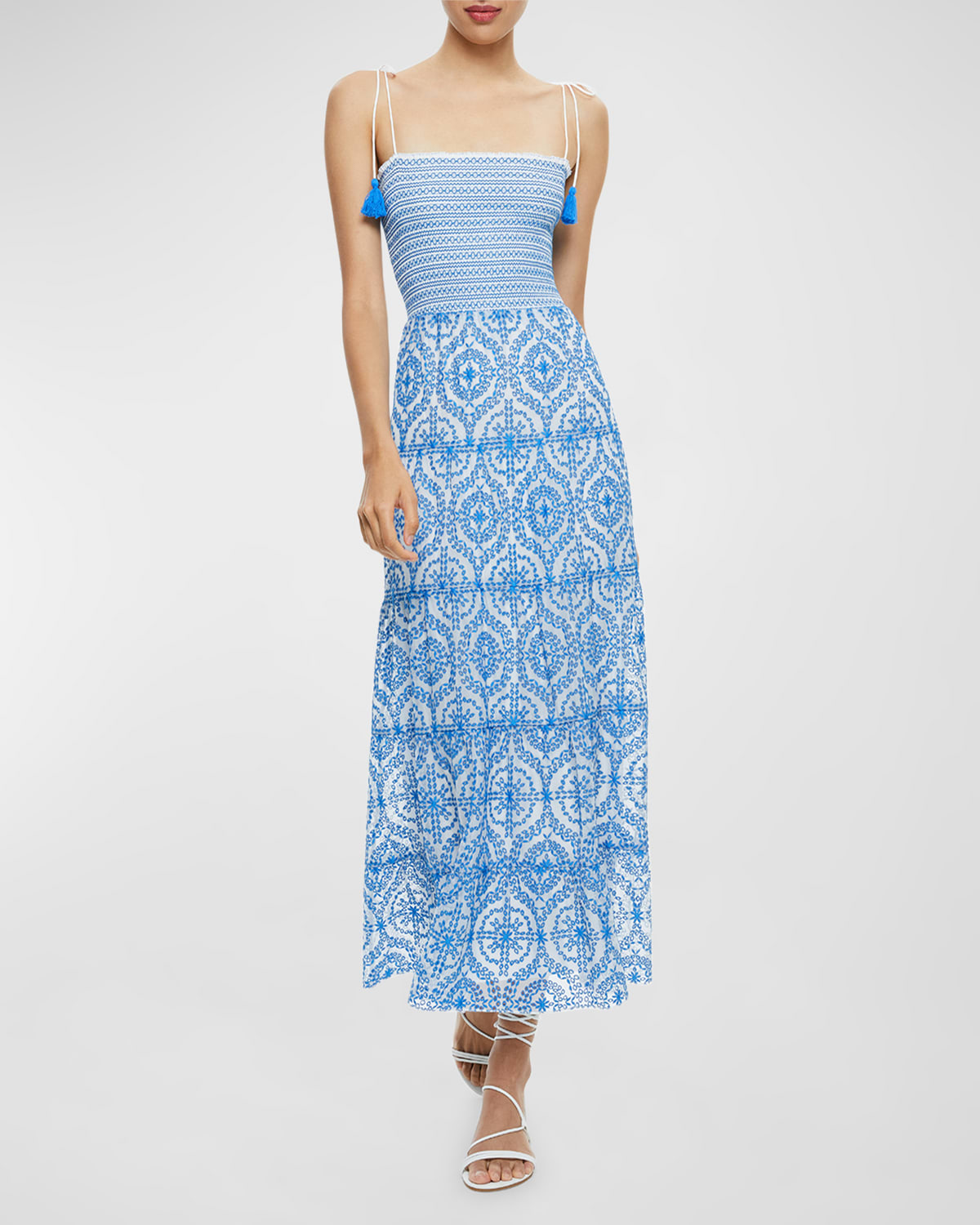 Shop Alice And Olivia Marna Embroidered Tiered Tie-strap Maxi Dress In Off White/french Blue