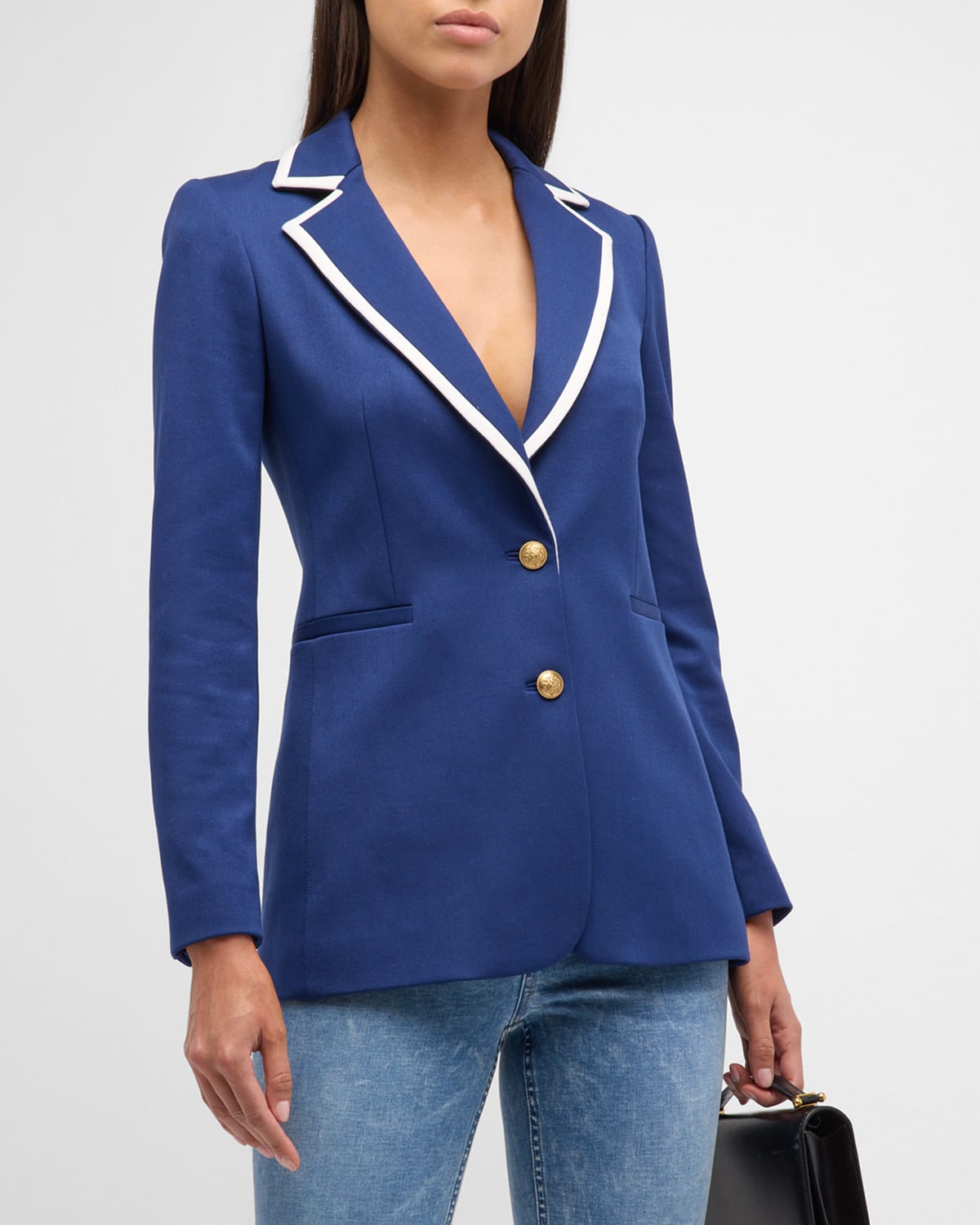 Shop Alice And Olivia Breann Fitted Two-button Blazer In Indigooff White