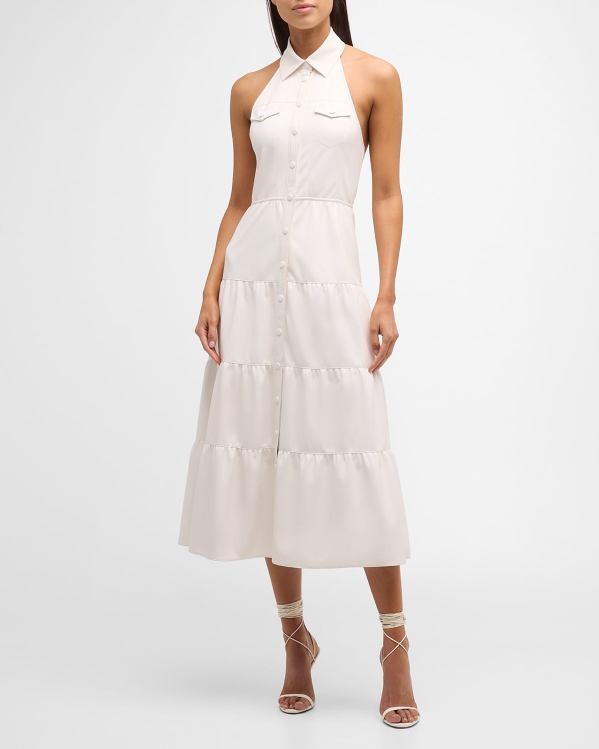 Shop Alice And Olivia Miranda Vegan Leather Tiered Midi Dress In Off White