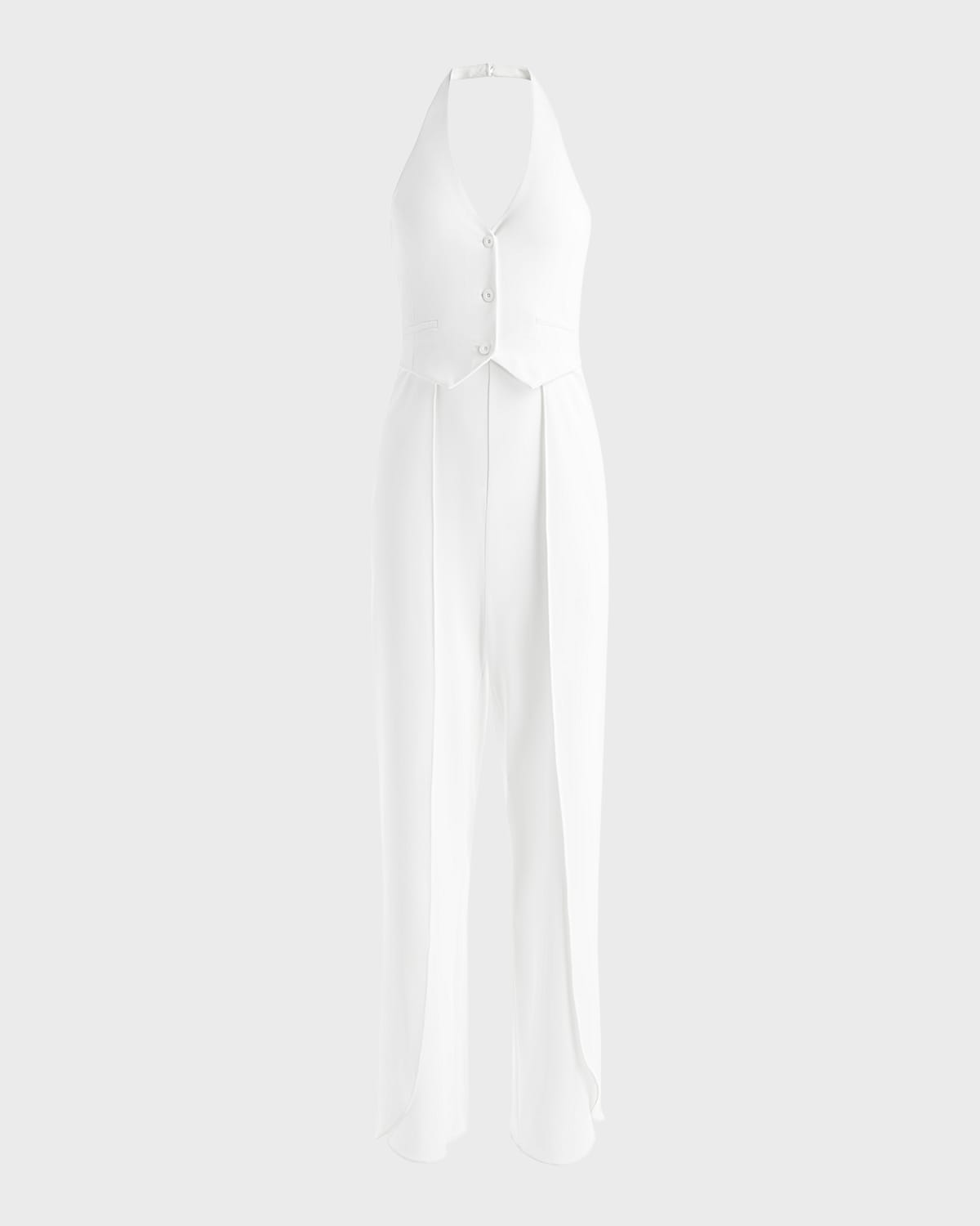Alice And Olivia Robin Halter Split-leg Vest Jumpsuit In Off White