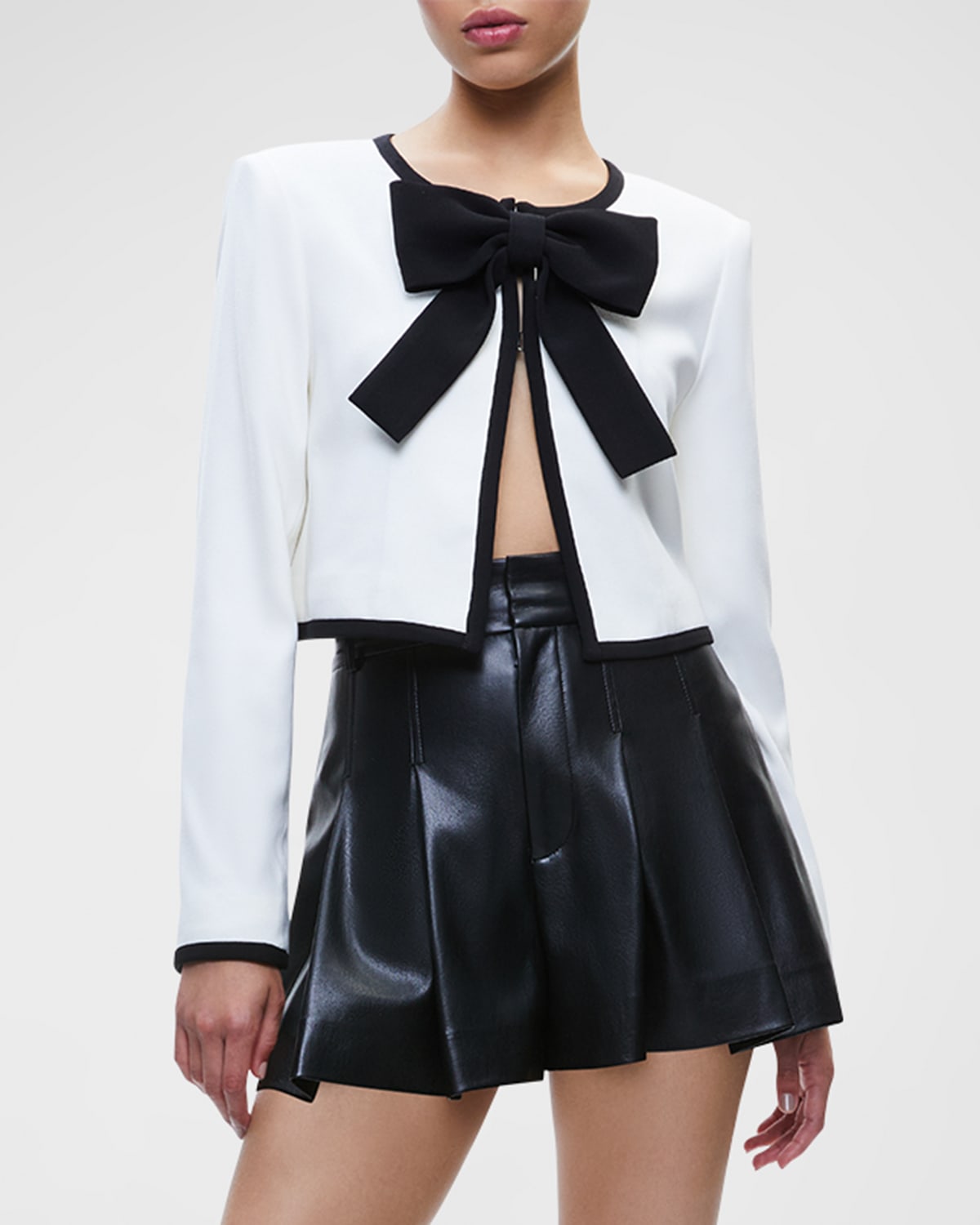 Shop Alice And Olivia Kidman Bow Fitted Cropped Jacket In Off Whiteblack