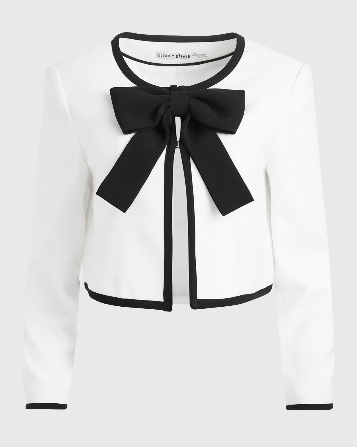 Shop Alice And Olivia Kidman Bow Fitted Cropped Jacket In Off Whiteblack