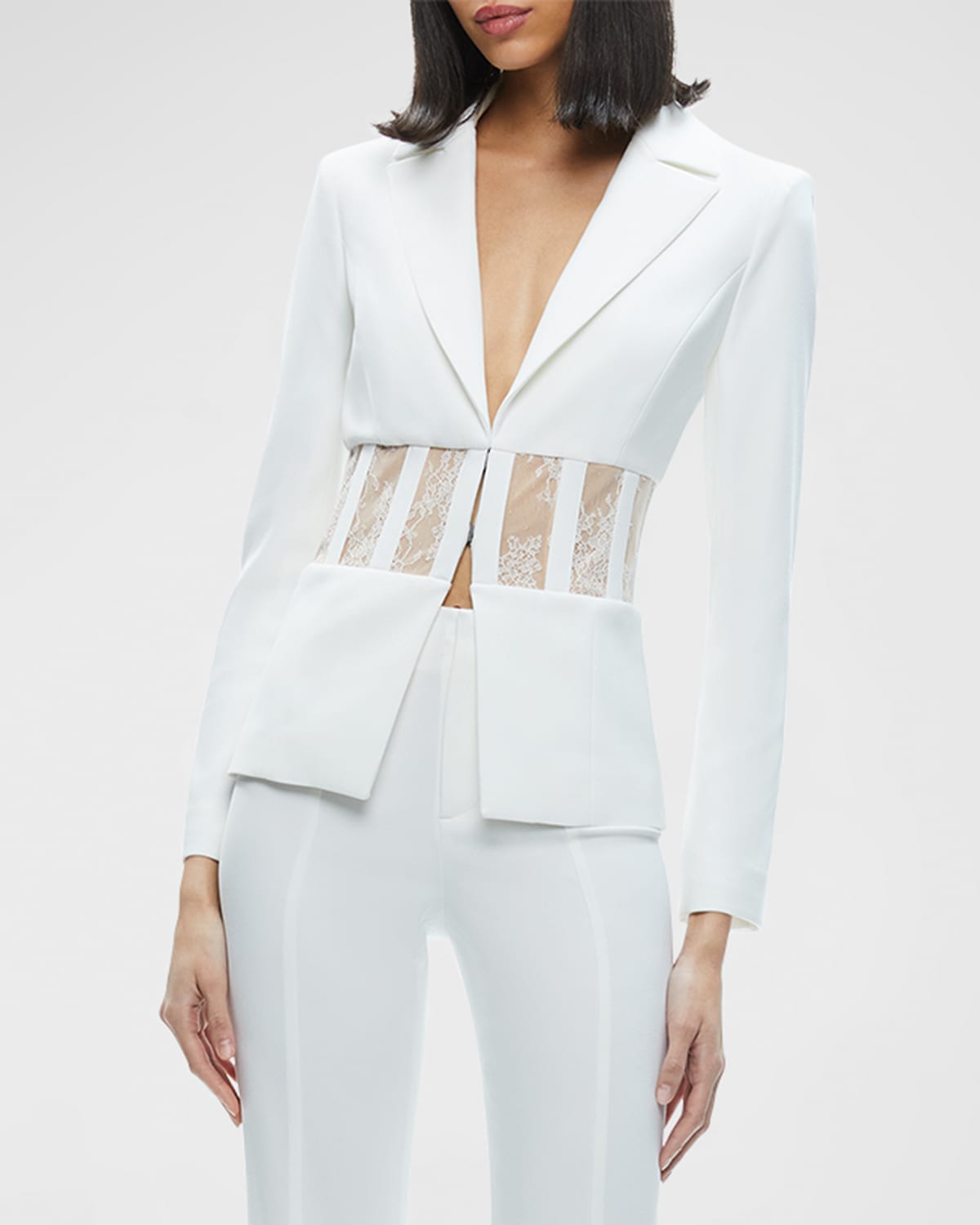 Shop Alice And Olivia Alexia Fitted Sheer Lace Corset Blazer In Off White