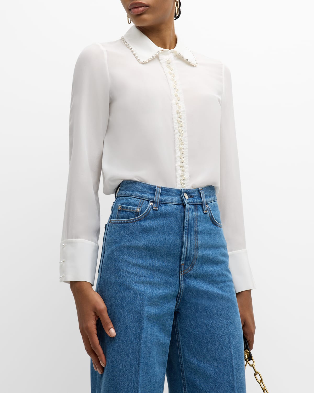 Alice And Olivia Willa Embellished Silk Placket Top In Off White