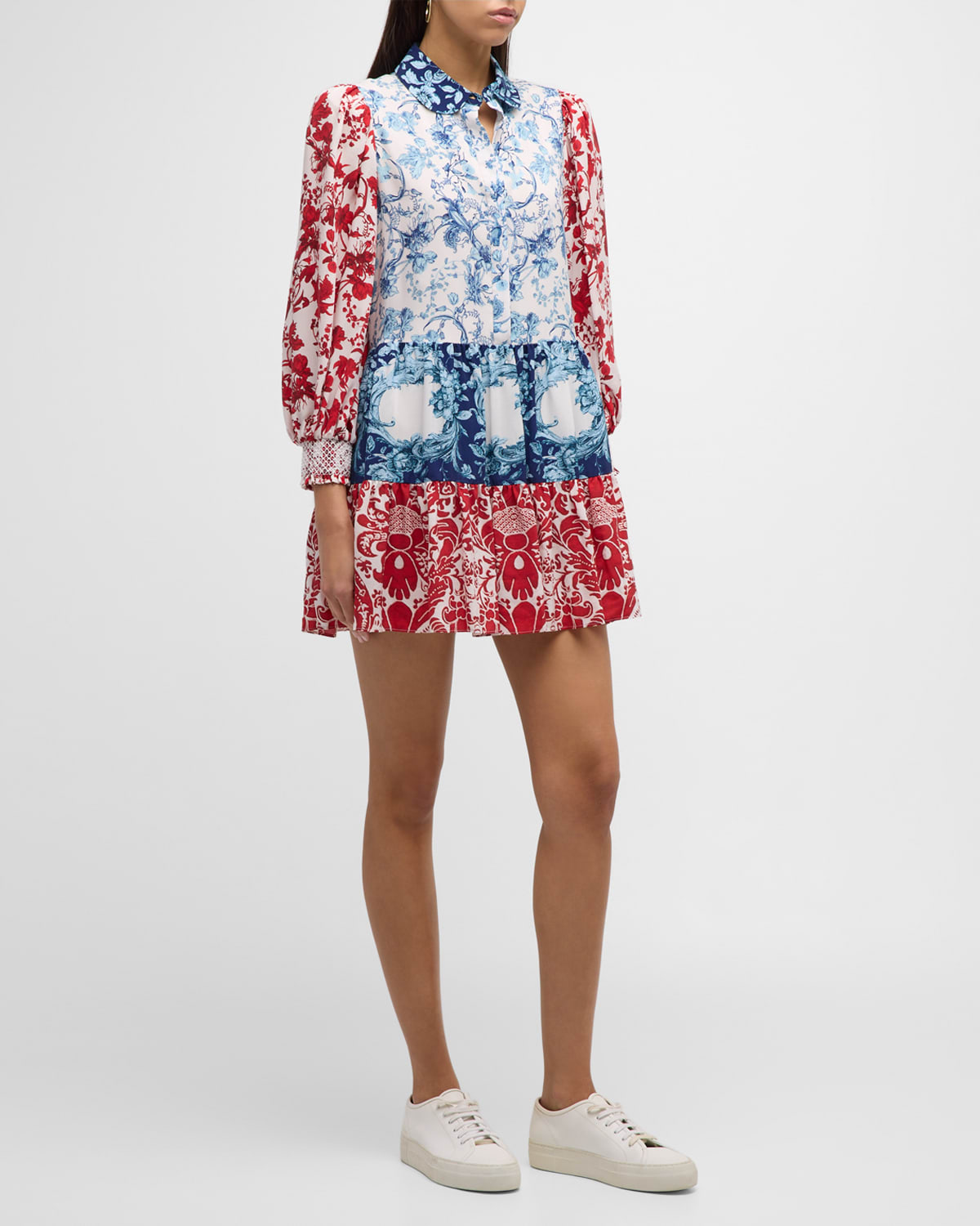Shop Alice And Olivia Paulie Tiered Blouson-sleeve Mini Dress In Je Ladore