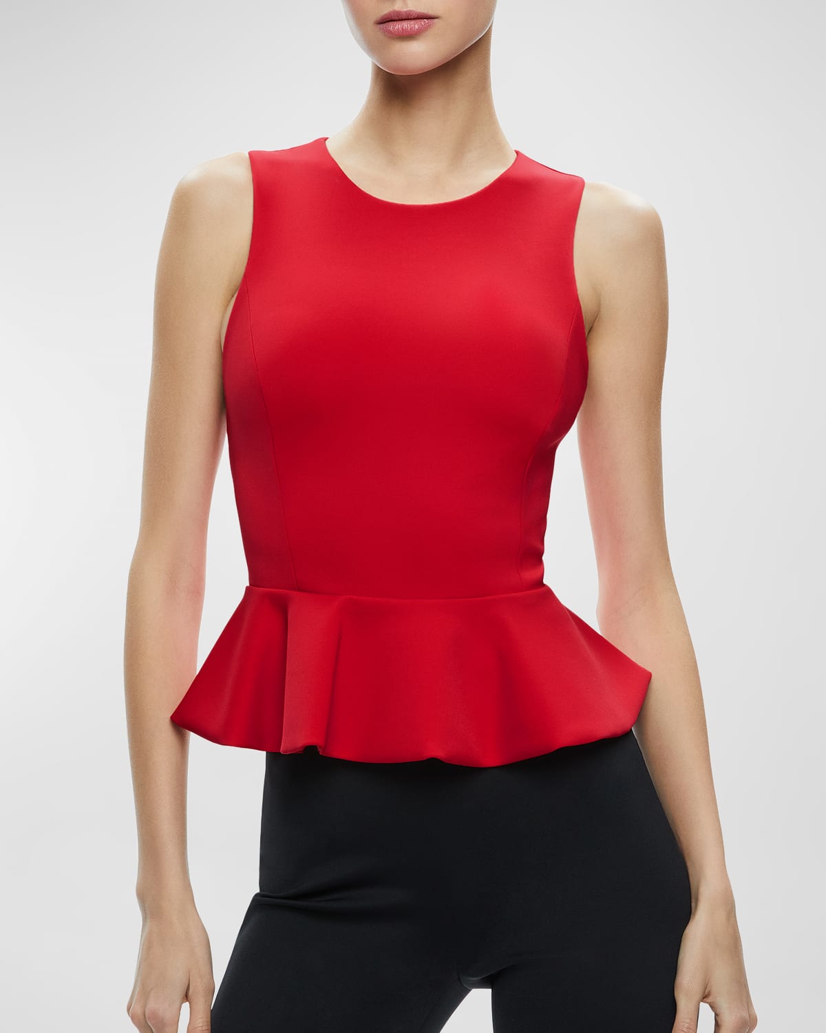 Shop Alice And Olivia Poppy Crewneck Peplum Top In Bright Ruby