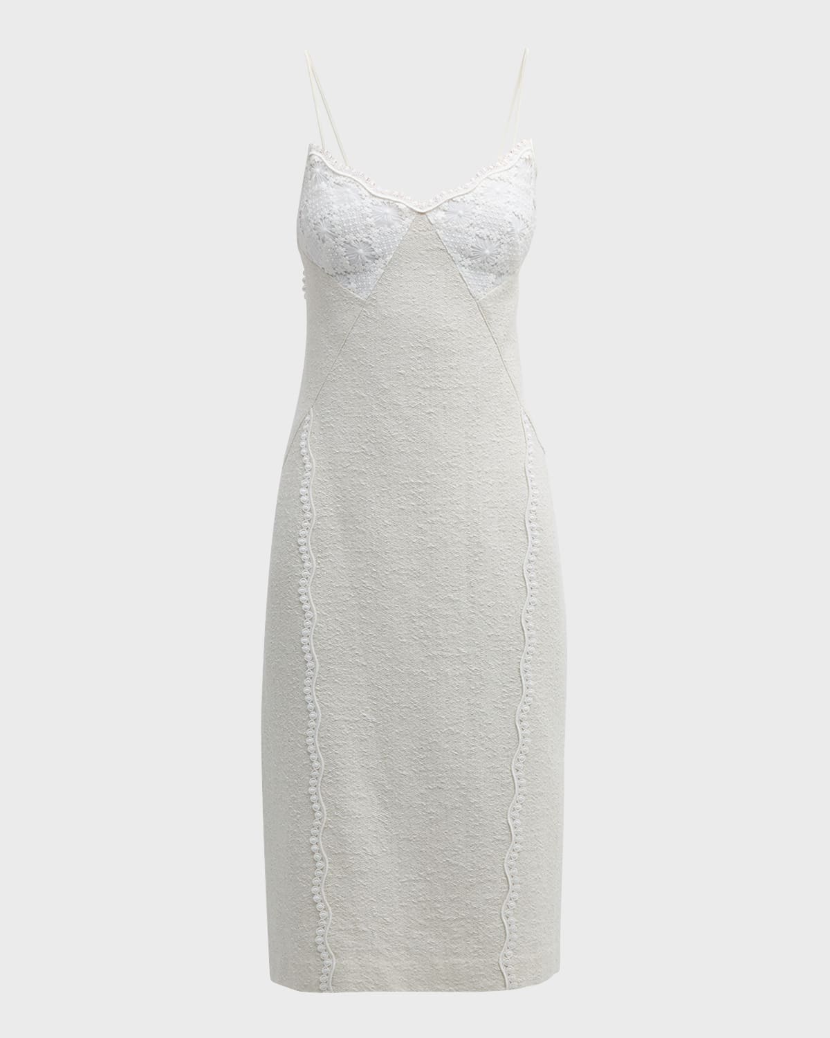 Mixed-Media Guipure Lace And Metallic Tweed Midi Dress