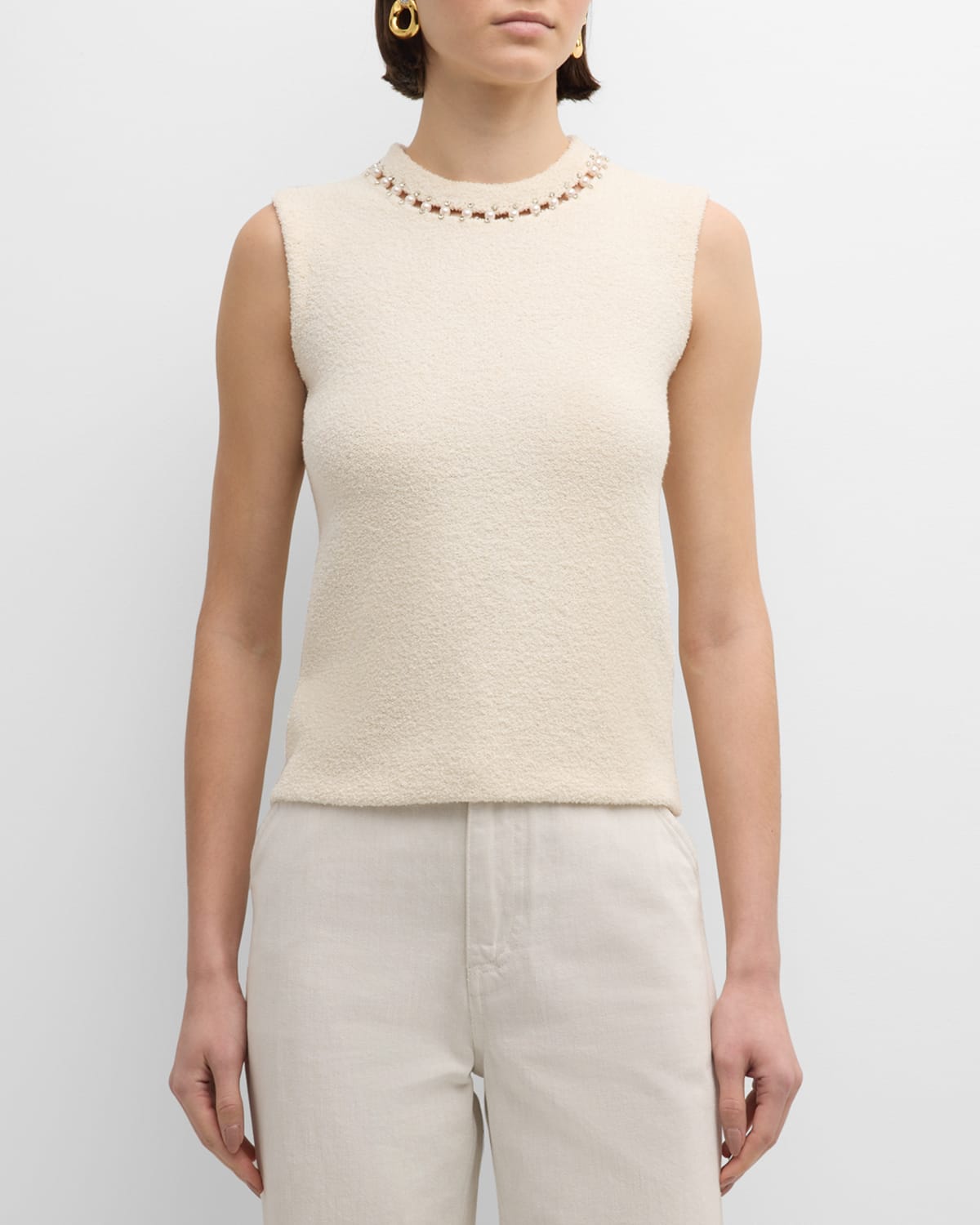 St John Embellished Micro Boucle Stretch Knit Sleeveless Sweater In Neutral