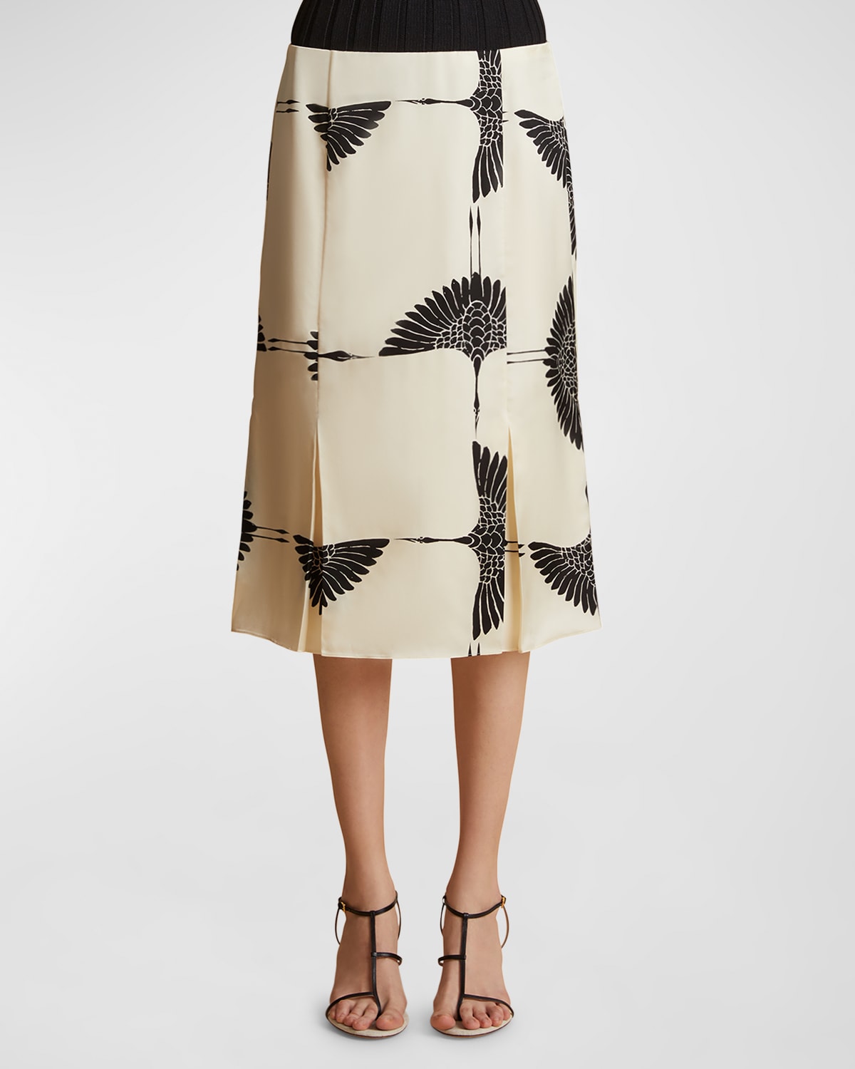 Shop Khaite Levy Bird-print Pleated Midi Skirt In Cream  Black