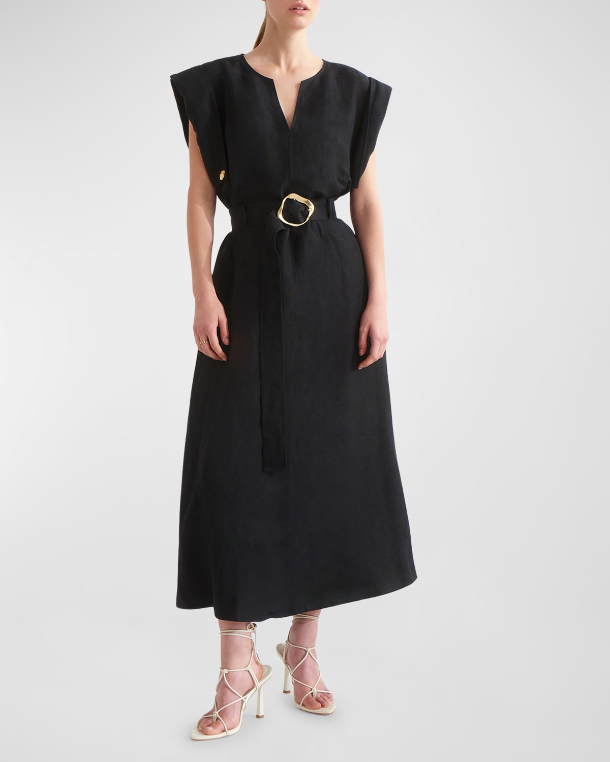 Shop Aje Lyric Belted Linen-blend Midi Dress In Black