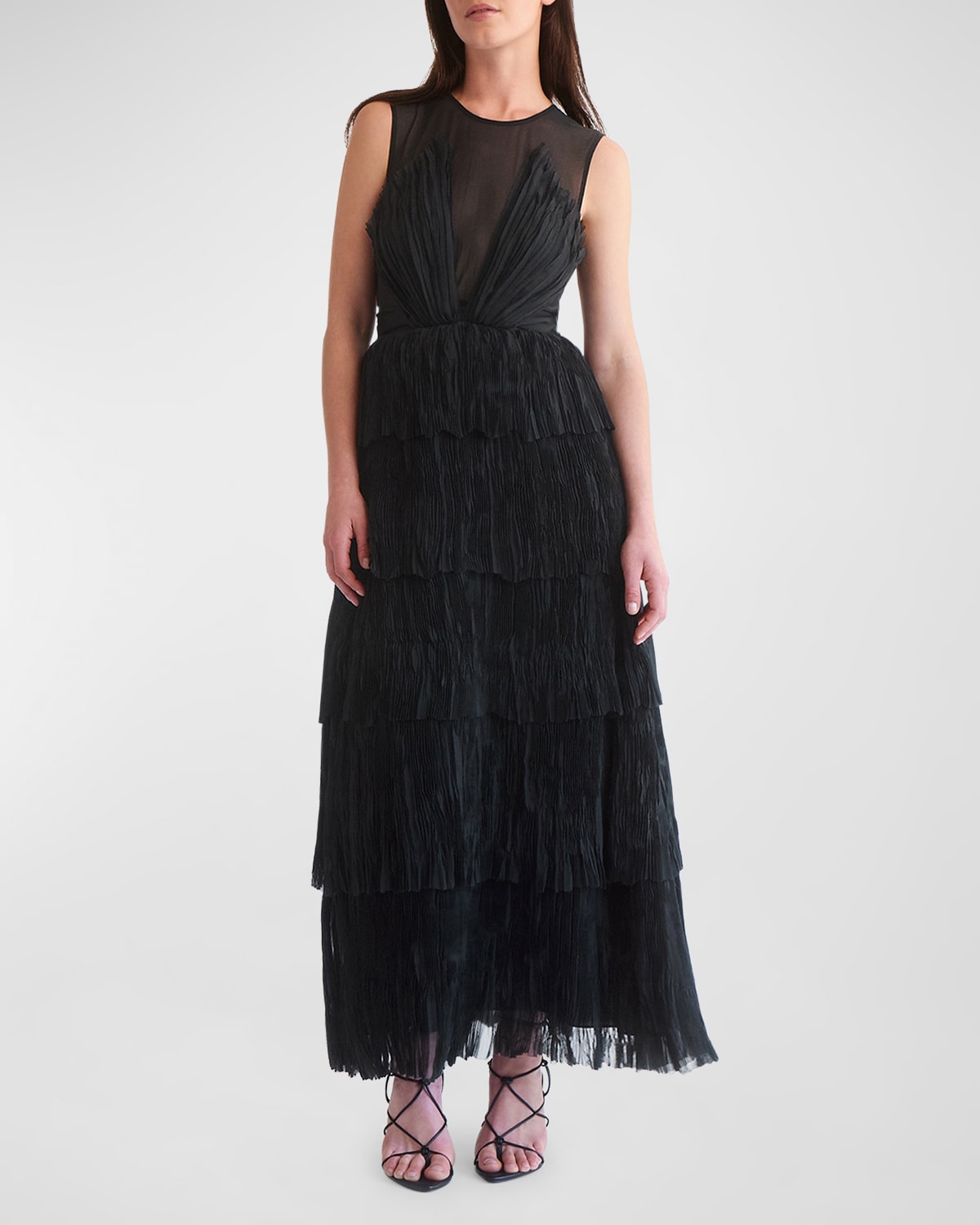 Shop Aje Escapist Tiered Sleeveless Chiffon Illusion Maxi Dress In Black