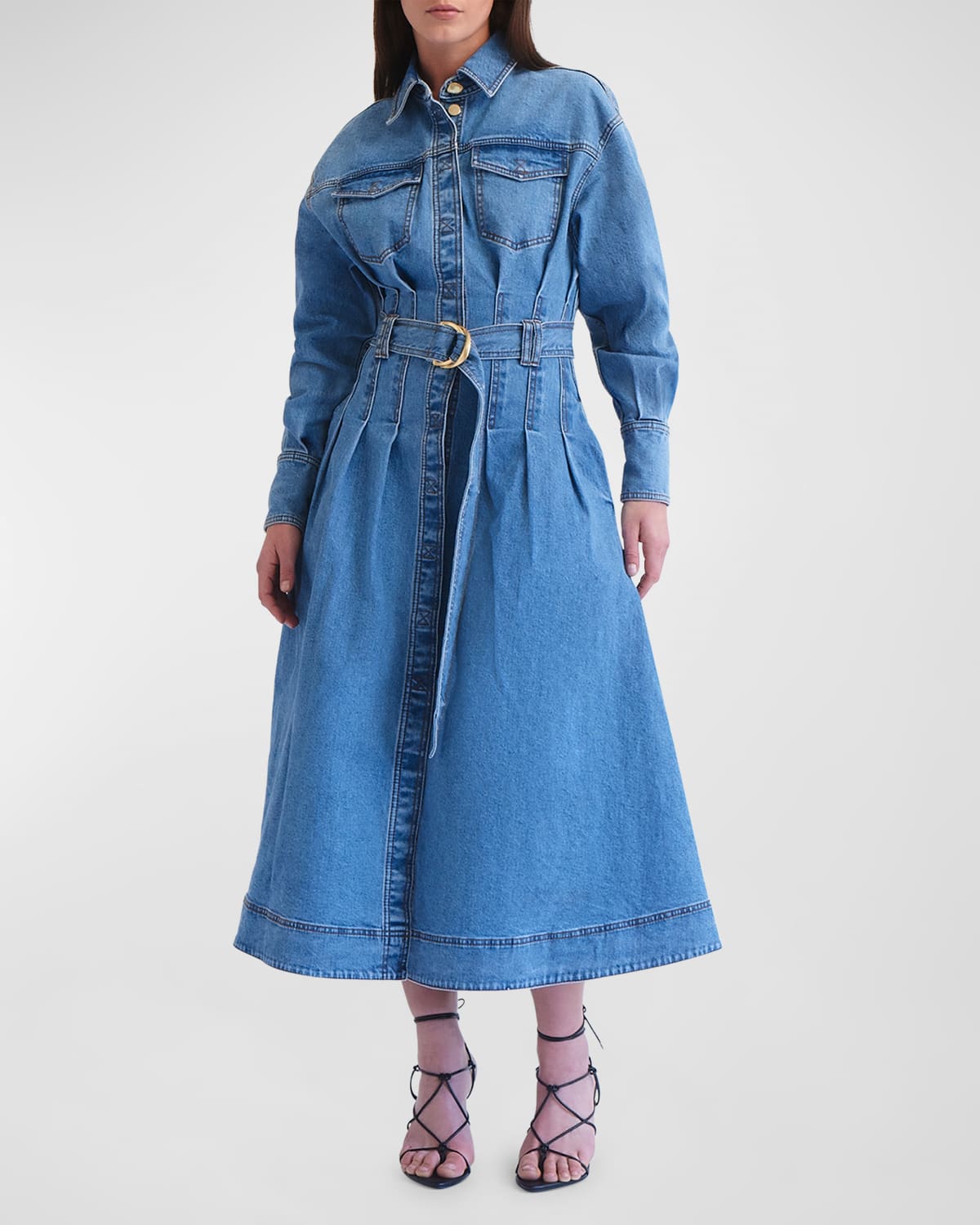 Shop Aje Aradia Belted Denim Midi Dress In Classic Wash