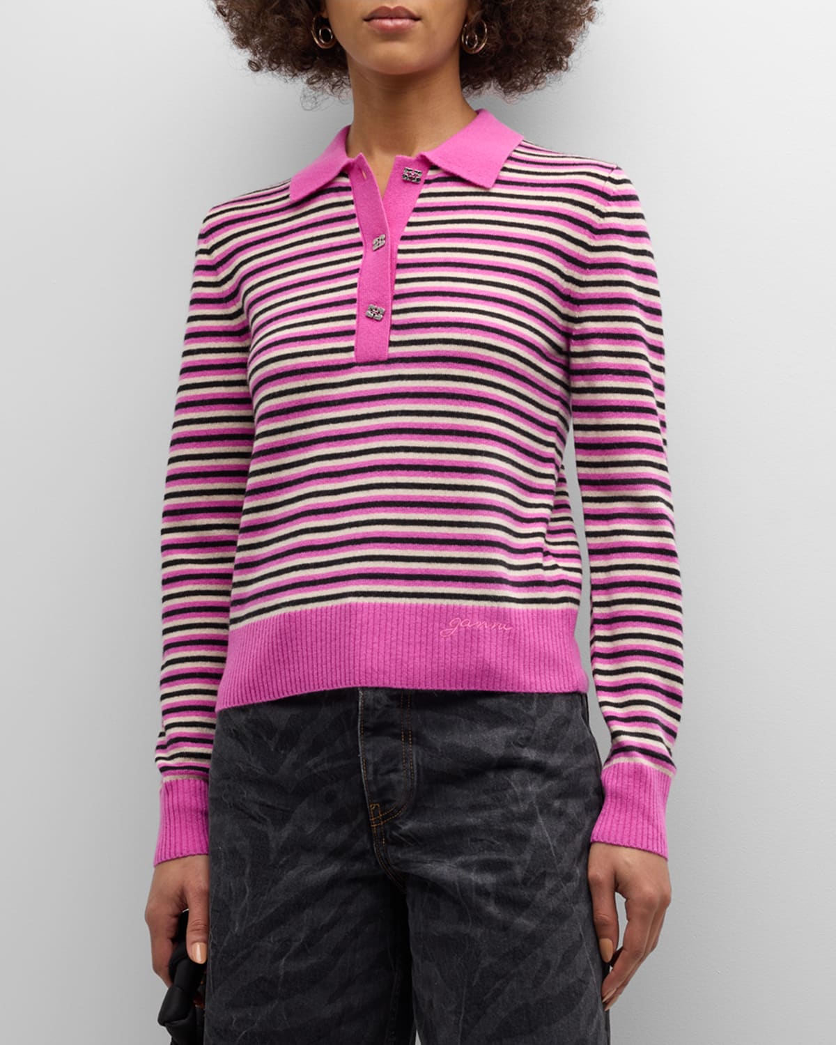 Shop Ganni Stripe Cashmere Polo Sweater In Multicolour