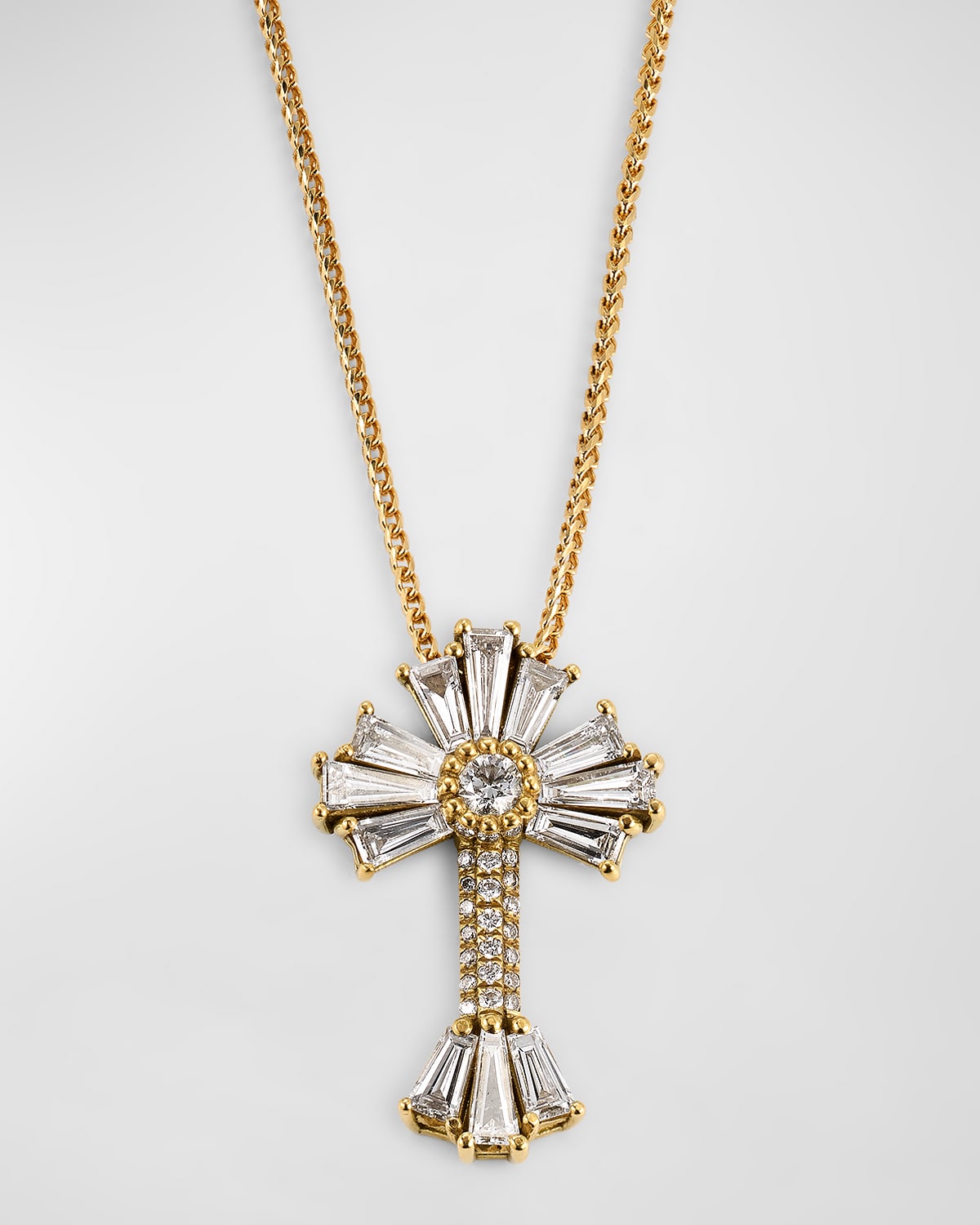 18k Yellow Gold Diamond Sunburst Cross Pendant Necklace