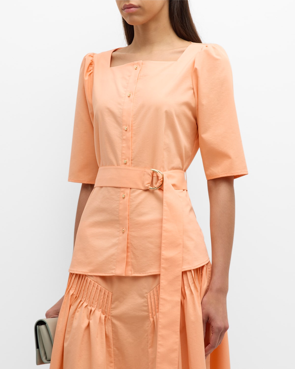 Shop Misook Belted Square-neck Button-down Blouse In Peach Blossom