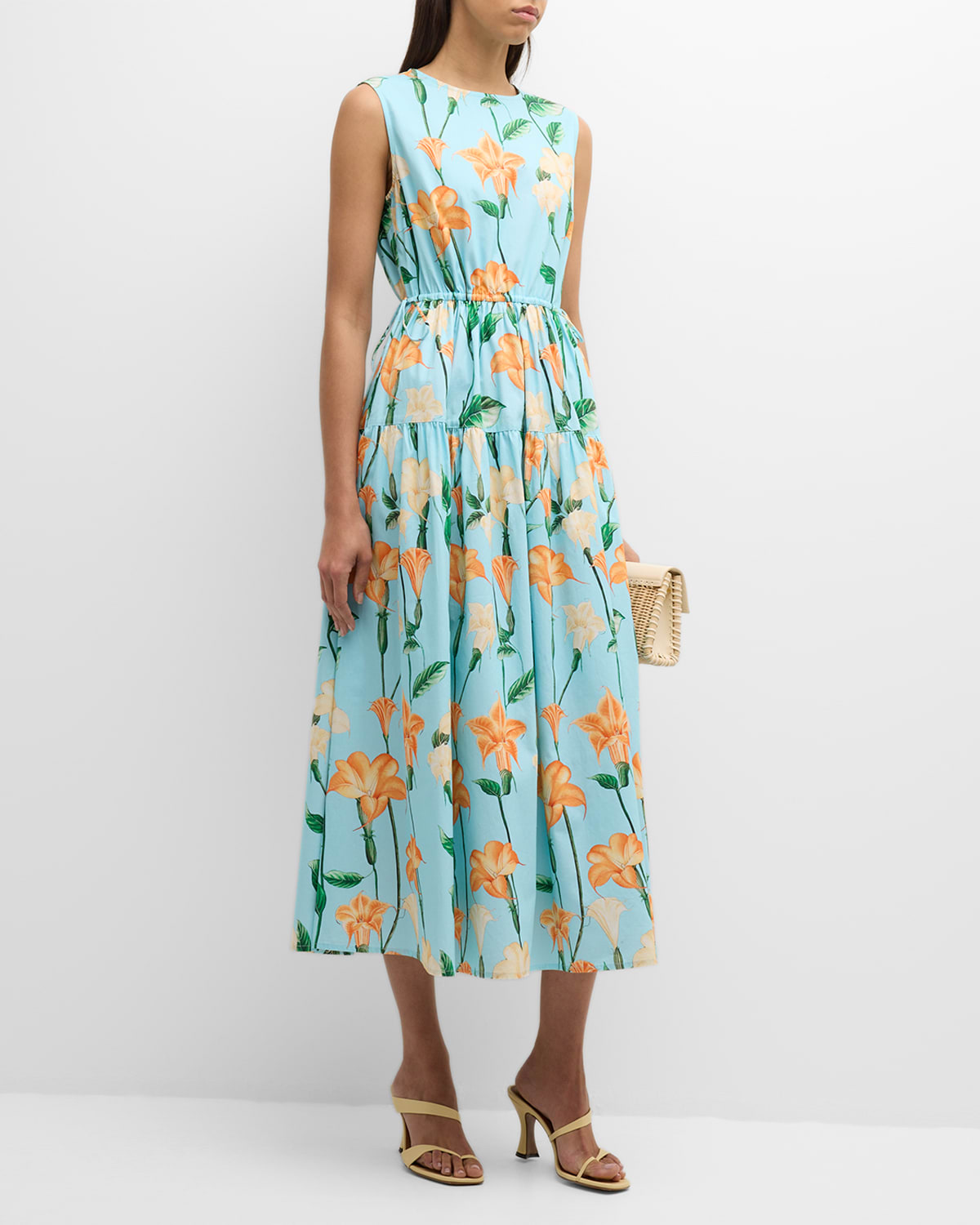 Shop Misook Sleeveless Floral-print Cotton Midi Dress In Caribbean Mist/peach Blossom/verdant Clover/pale Gold